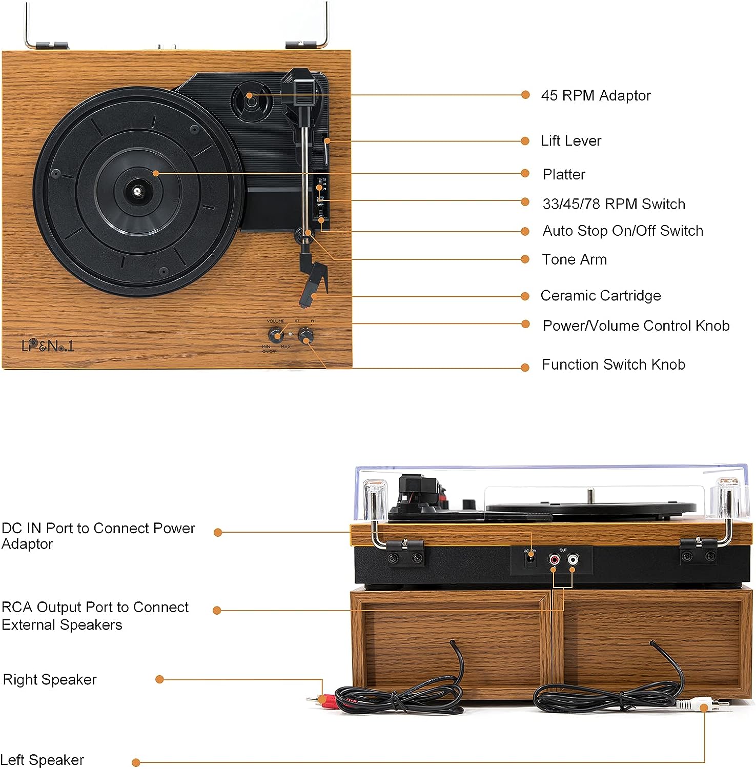 LP&No.1 Bluetooth Vinyl Record Player with External Speakers, 3-Speed Belt-Drive Turntable for Vinyl Albums with Auto Off and Bluetooth Input, Yellow Wood