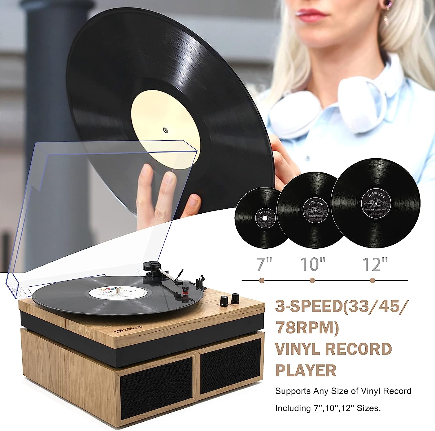 LP&No.1 Bluetooth Vinyl Record Player with External Speakers, 3-Speed Belt-Drive Turntable for Vinyl Albums with Auto Off and Bluetooth Input, Yellow Wood