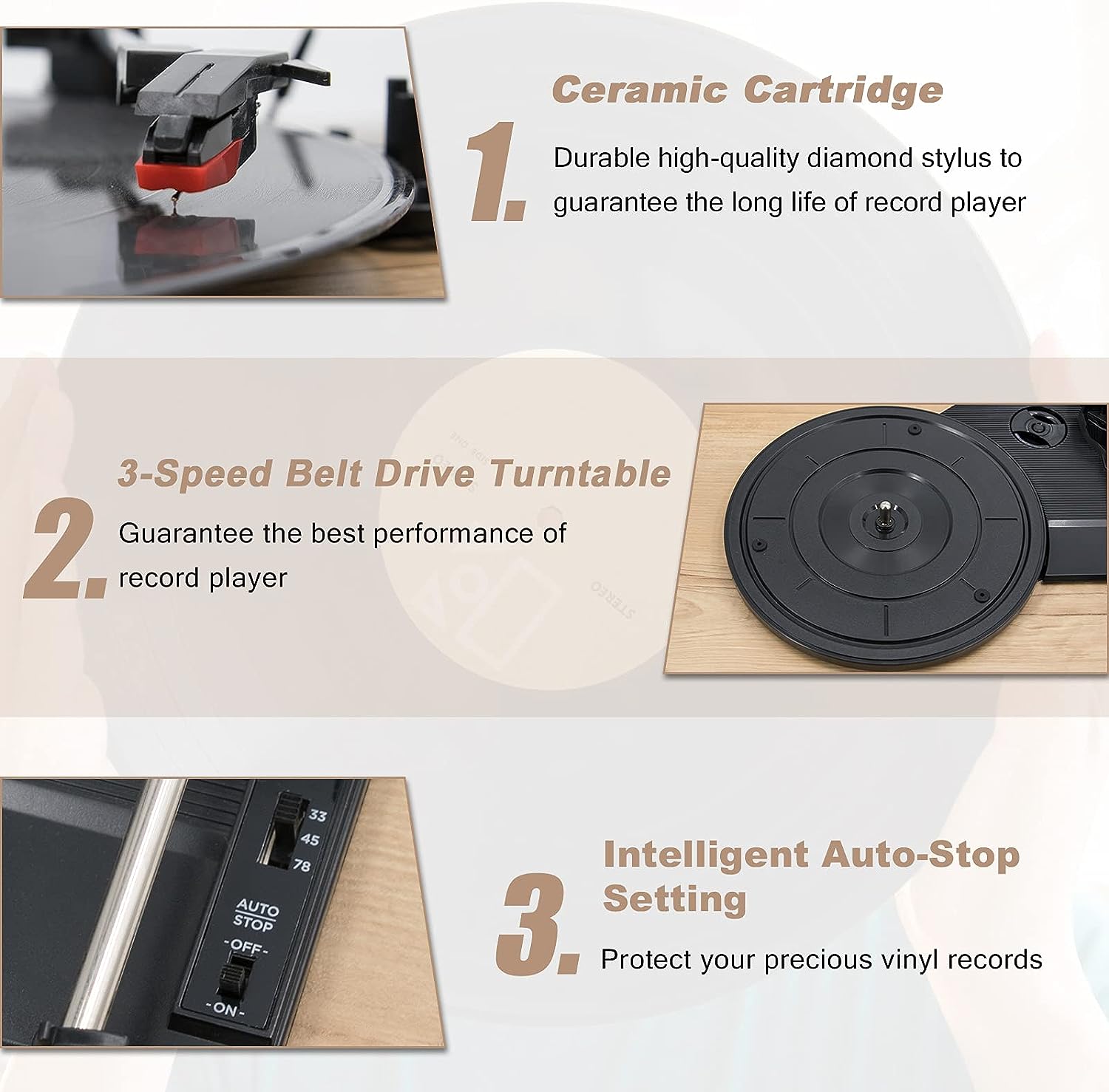 LP&No.1 Bluetooth Vinyl Record Player with External Speakers, 3-Speed Belt-Drive Turntable for Vinyl Albums with Auto Off and Bluetooth Input, Yellow Wood