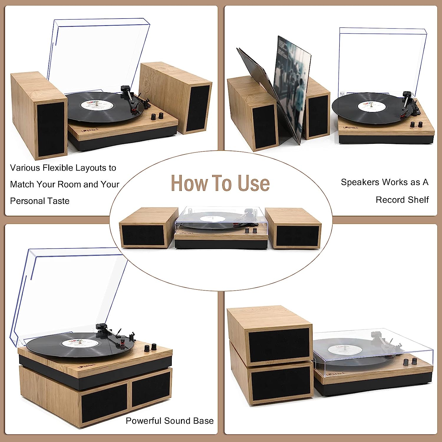 LP&No.1 Bluetooth Vinyl Record Player with External Speakers, 3-Speed Belt-Drive Turntable for Vinyl Albums with Auto Off and Bluetooth Input, Yellow Wood