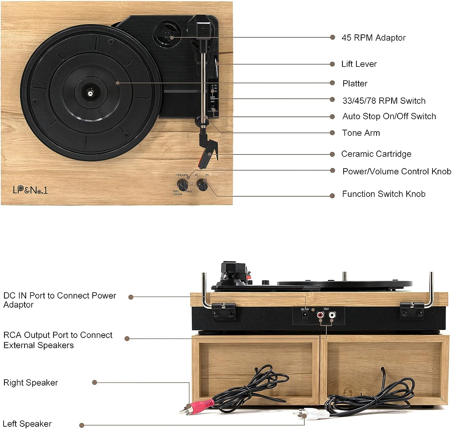 LP&No.1 Bluetooth Vinyl Record Player with External Speakers, 3-Speed Belt-Drive Turntable for Vinyl Albums with Auto Off and Bluetooth Input, Yellow Wood