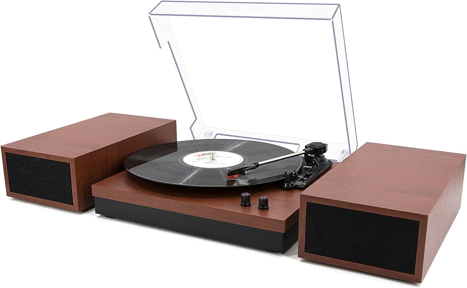 LP&No.1 Bluetooth Vinyl Record Player with External Speakers, 3-Speed Belt-Drive Turntable for Vinyl Albums with Auto Off and Bluetooth Input, Yellow Wood