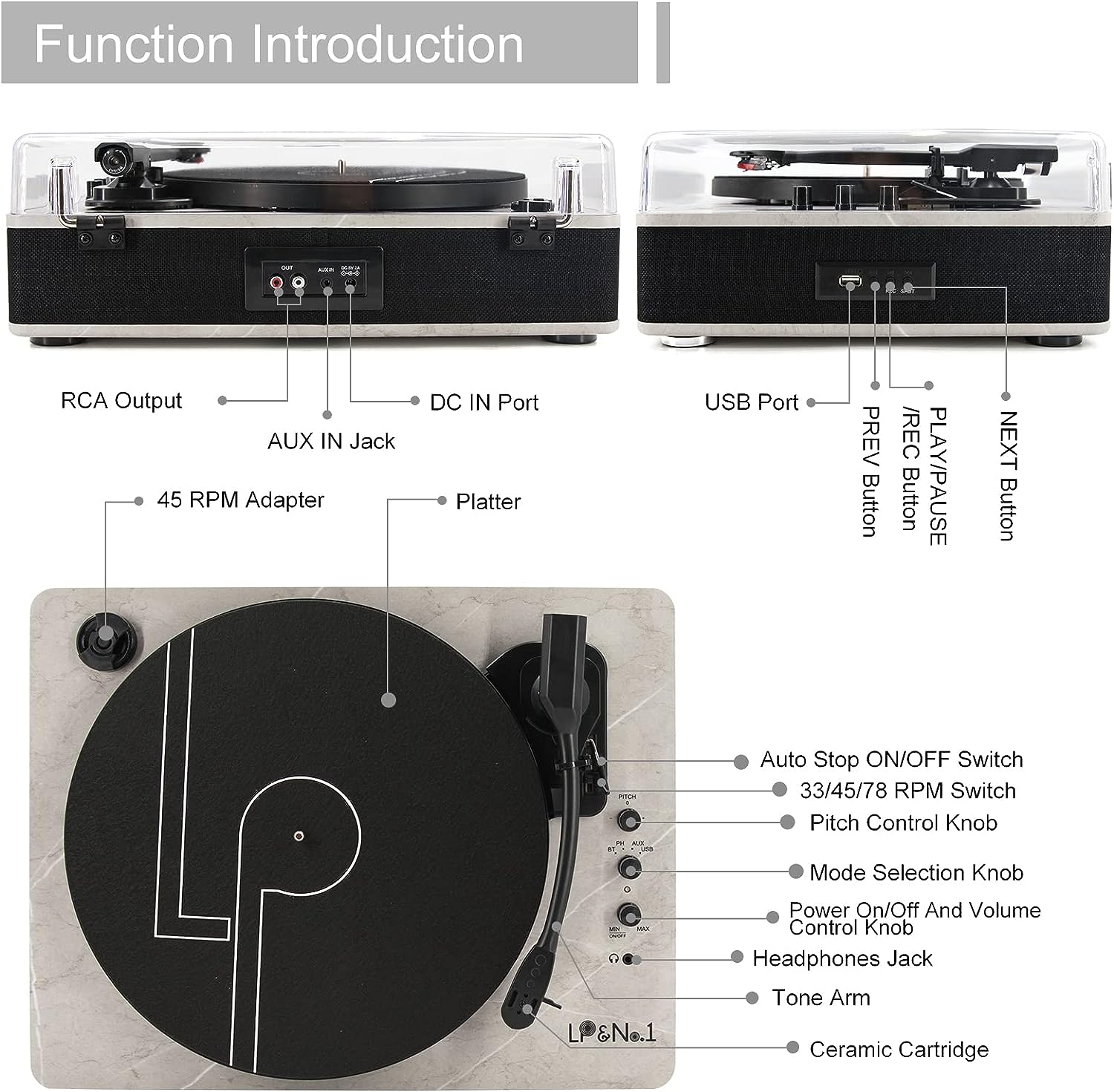 LP&NO.1 Record Player Bluetooth Turntable with Built-in Speakers and USB Play&Recording Belt-Driven Vintage Phonograph Record Player 3 Speed for Entertainment and Home Decoration