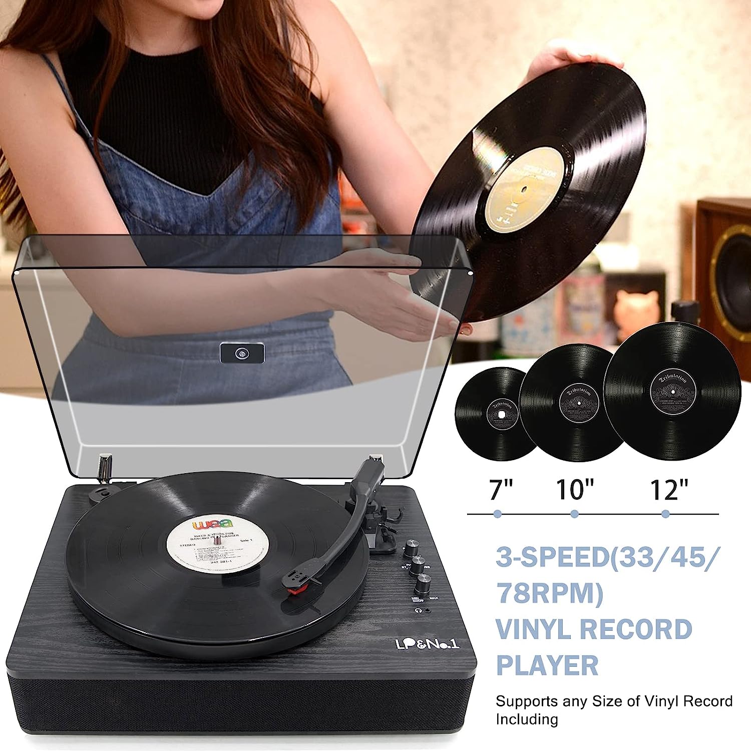 LP&NO.1 Record Player Bluetooth Turntable with Built-in Speakers and USB Play&Recording Belt-Driven Vintage Phonograph Record Player 3 Speed for Entertainment and Home Decoration