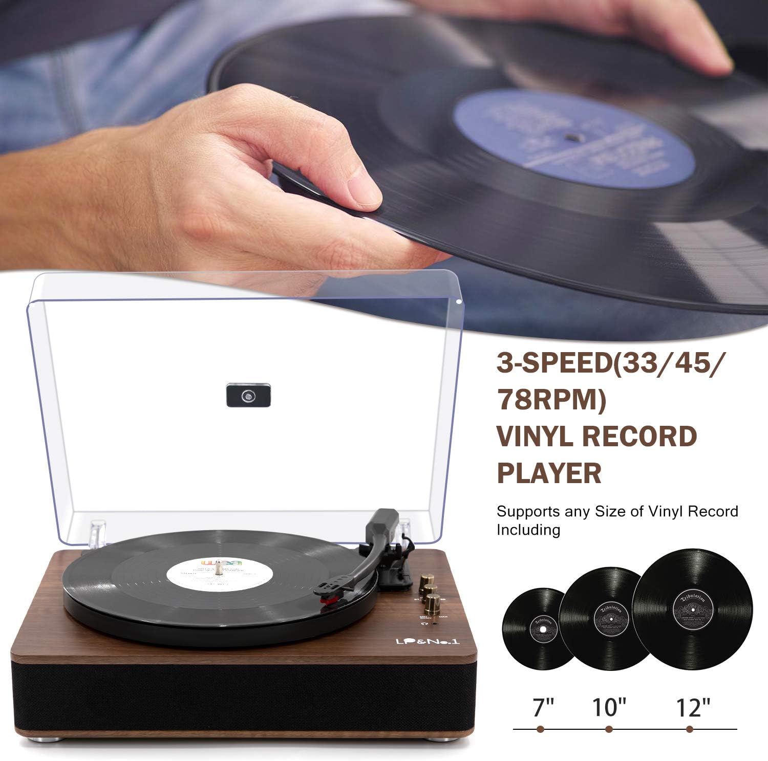 LP&NO.1 Record Player Bluetooth Turntable with Built-in Speakers and USB Play&Recording Belt-Driven Vintage Phonograph Record Player 3 Speed for Entertainment and Home Decoration