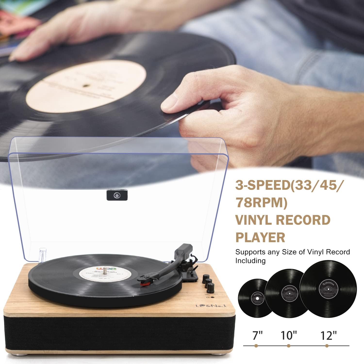 LP&NO.1 Record Player Bluetooth Turntable with Built-in Speakers and USB Play&Recording Belt-Driven Vintage Phonograph Record Player 3 Speed for Entertainment and Home Decoration