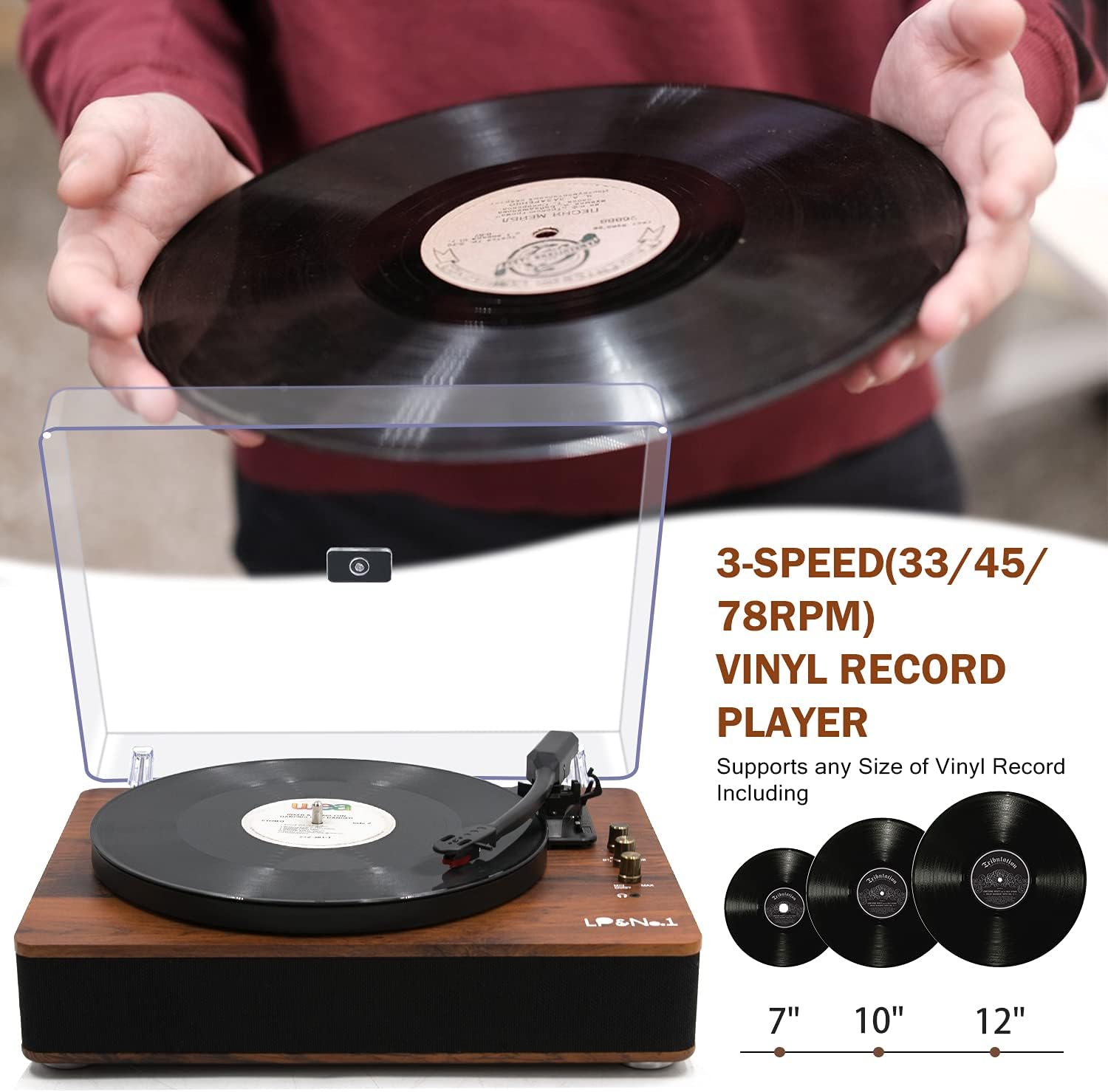 LP&NO.1 Record Player Bluetooth Turntable with Built-in Speakers and USB Play&Recording Belt-Driven Vintage Phonograph Record Player 3 Speed for Entertainment and Home Decoration