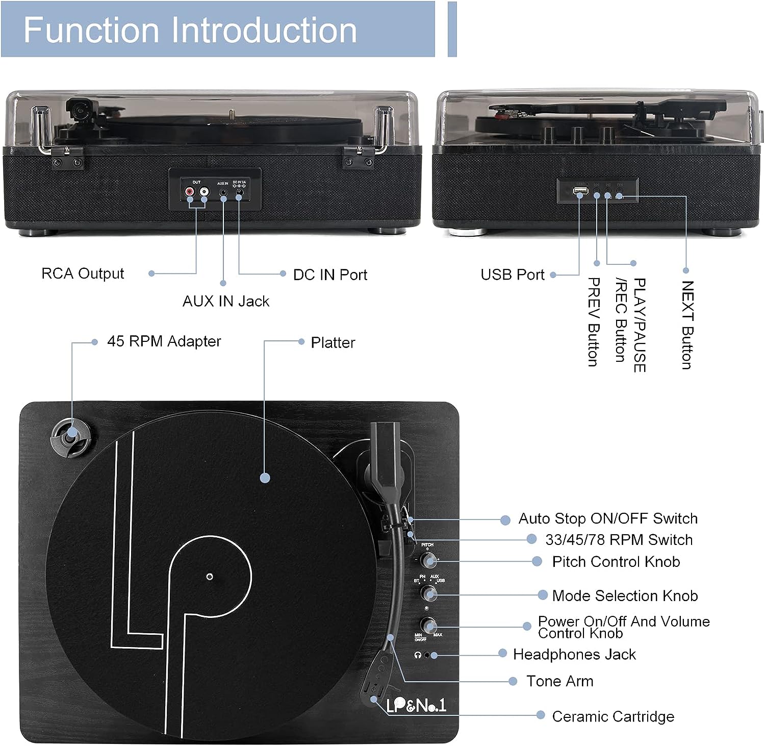 LP&NO.1 Record Player Bluetooth Turntable with Built-in Speakers and USB Play&Recording Belt-Driven Vintage Phonograph Record Player 3 Speed for Entertainment and Home Decoration