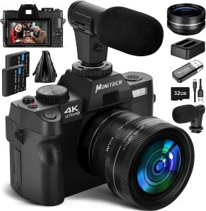Monitech 4K Digital Camera for Photography, 48MP Vlogging Camera for YouTube and Video,with 180° Flip Screen,16X Digital Zoom,52mm Wide Angle & Macro Lens, 2 Batteries, 32GB TF Card