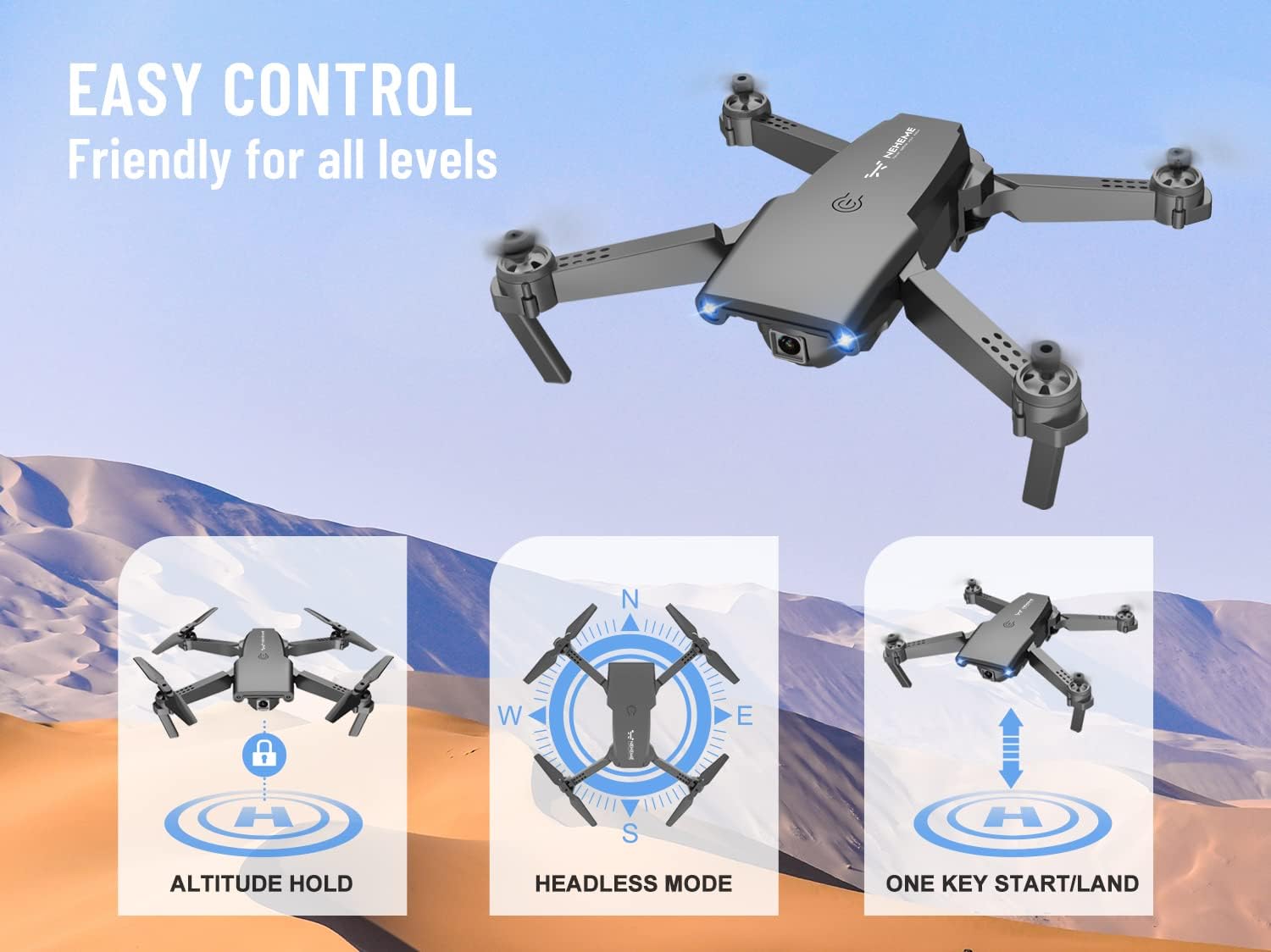 NEHEME NH525 Foldable Drones with 1080P HD Camera for Adults, RC Quadcopter WiFi FPV Live Video, Altitude Hold, Headless Mode, One Key Take Off for Kids or Beginners with 2 Batteries