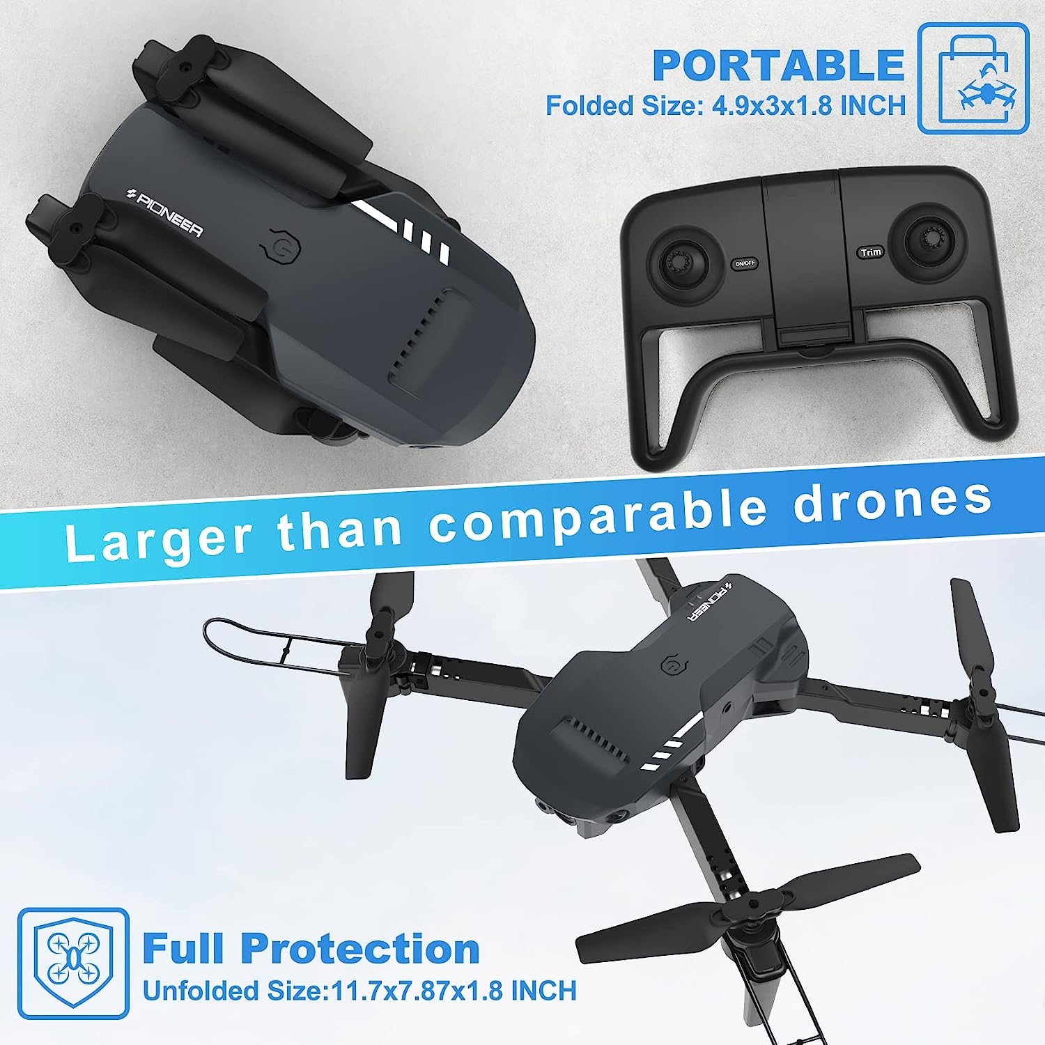 RADCLO Mini Drone with Camera - 1080P HD FPV Foldable Drone with Carrying Circumstance, 2 Batteries, 90° Adjustable Lens, One Key Take Off/Land, Altitude Hold, 360° Flip, Toys Gifts for Kids, Adults, beginners, Remote Controlled, Black