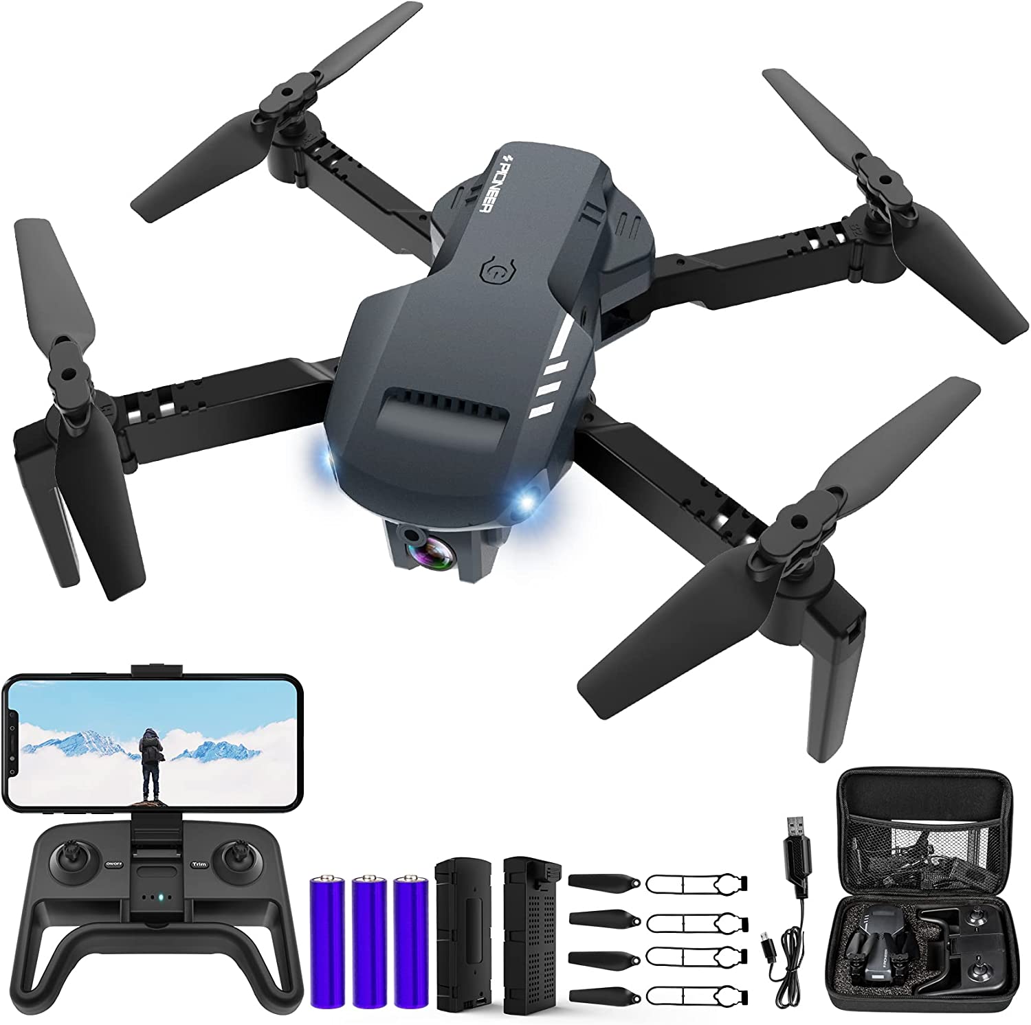 RADCLO Mini Drone with Camera - 1080P HD FPV Foldable Drone with Carrying Situation, 2 Batteries, 90° Adjustable Lens, One Key Take Off/Land, Altitude Hold, 360° Flip, Toys Gifts for Kids, Adults, beginners, Remote Controlled, Black