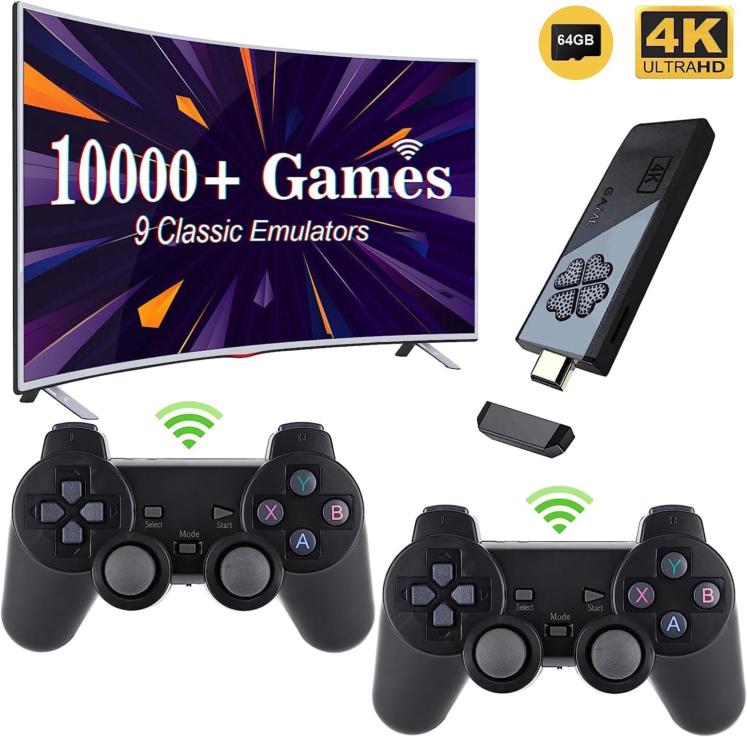 Retro Game Console, Nostalgia Stick Game,Retro Game Stick,Plug and Play Video Game Stick Built in 10000+ Games,4K HDMI Output,9 Classic Emulators, with Dual 2.4G Wireless Controllers(64G)