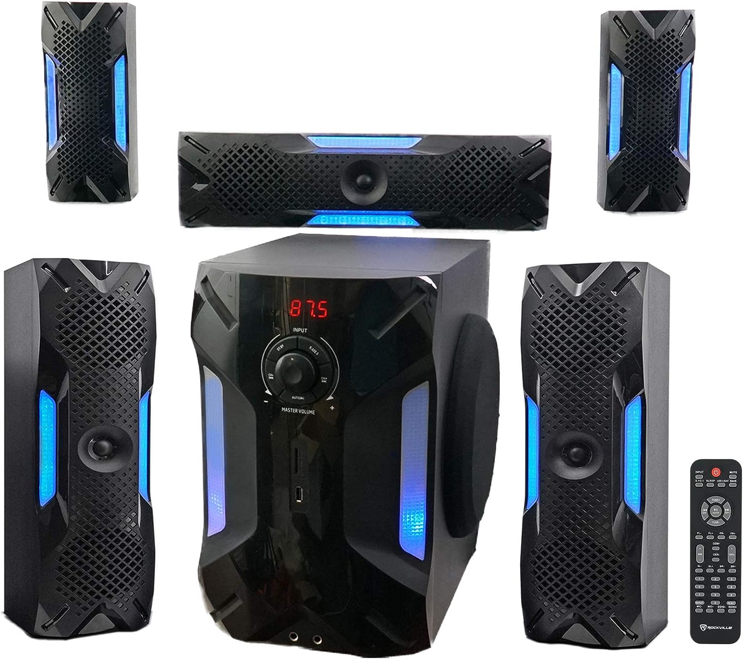 Rockville HTS56 1000w 5.1 Channel Home Theater System/Bluetooth/USB+8″ Subwoofer, Black