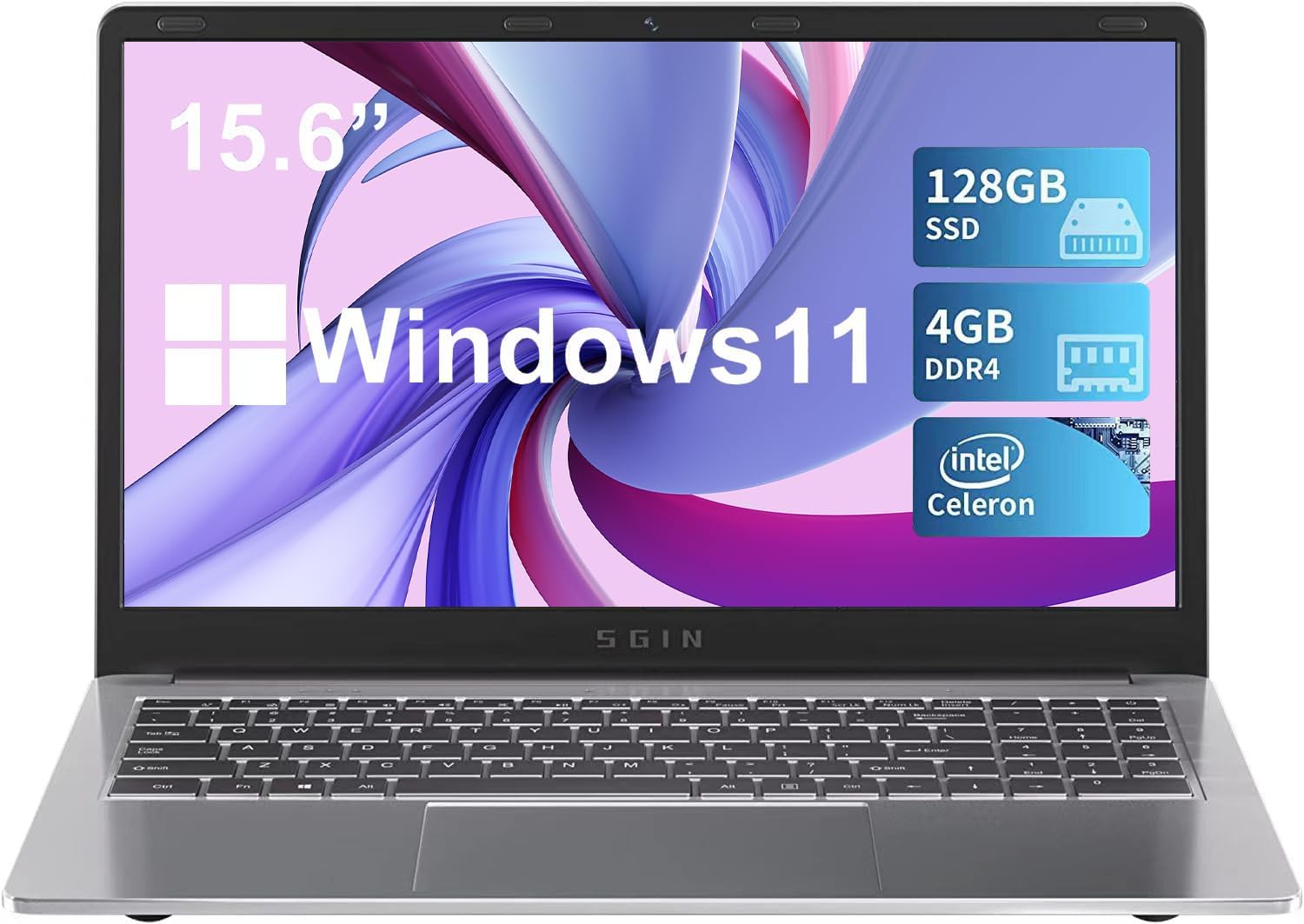 SGIN 4GB DDR4 RAM+128GB SSD Laptops, 15.6 Inch Display Windows 11 Laptop, Intel Celeron Quad Core Processor, Intel UHD Graphics 600, WiFi, Bluetooth 4.2, USB3.0, Mini HDMI