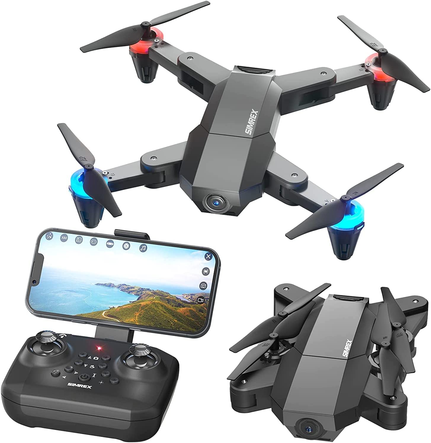 SIMREX X500 mini Drone Optical Flow Positioning RC Quadcopter with 720P HD Camera, Altitude Hold Headless Mode, Foldable FPV Drones WiFi Live Video 3D Flips Easy Fly Steady for Learning Black