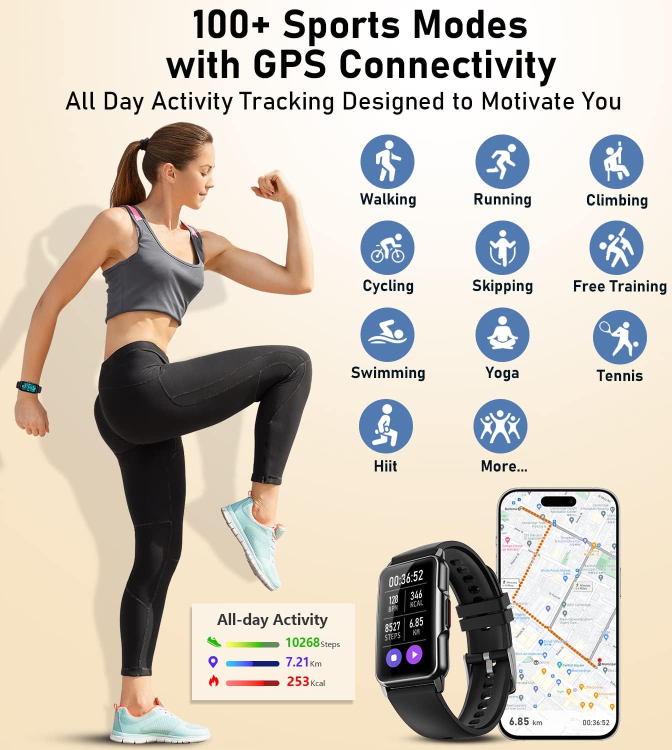 Smart Watch Fitness Tracker with Heart Rate Blood Oxygen Blood Pressure Sleep Monitor 100 Sports Modes Step Calorie Counter Action Health Trackers IP68 Waterproof for Android Phones iPhone Women Men