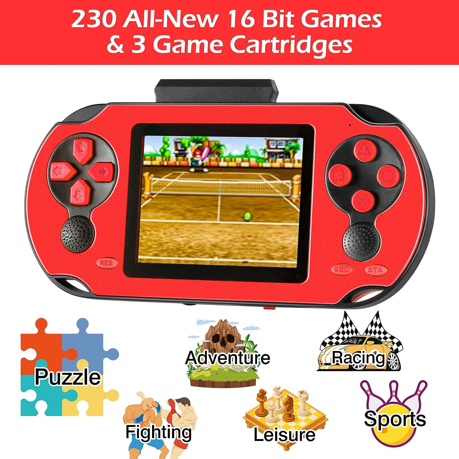 TaddToy 16 Bit Handheld Game Console for Kids Adults, 3.0'' Large Screen Preloaded 230 HD Classic Retro Video Games with USB Rechargeable Battery & 3 Game Cartridges for Birthday Gift for Kids 4-12