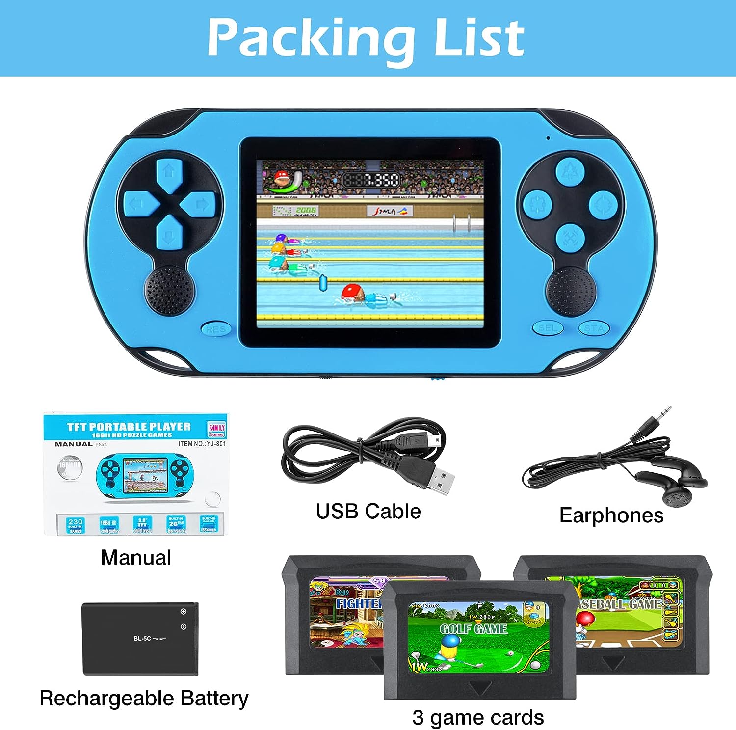TaddToy 16 Bit Handheld Game Console for Kids Adults, 3.0'' Large Screen Preloaded 230 HD Classic Retro Video Games with USB Rechargeable Battery & 3 Game Cartridges for Birthday Gift for Kids 4-12
