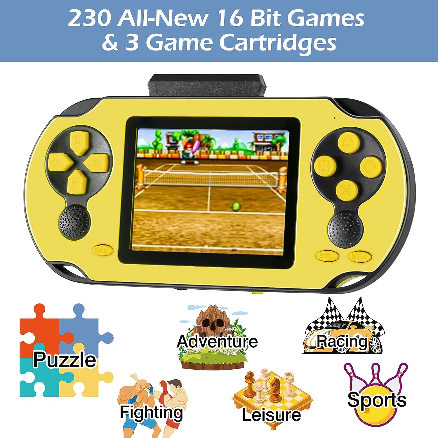 TaddToy 16 Bit Handheld Game Console for Kids Adults, 3.0'' Large Screen Preloaded 230 HD Classic Retro Video Games with USB Rechargeable Battery & 3 Game Cartridges for Birthday Gift for Kids 4-12