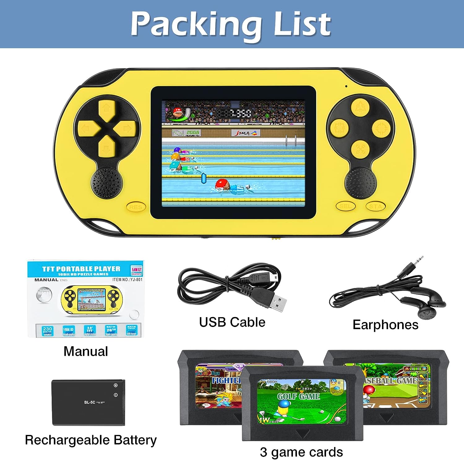 TaddToy 16 Bit Handheld Game Console for Kids Adults, 3.0'' Large Screen Preloaded 230 HD Classic Retro Video Games with USB Rechargeable Battery & 3 Game Cartridges for Birthday Gift for Kids 4-12