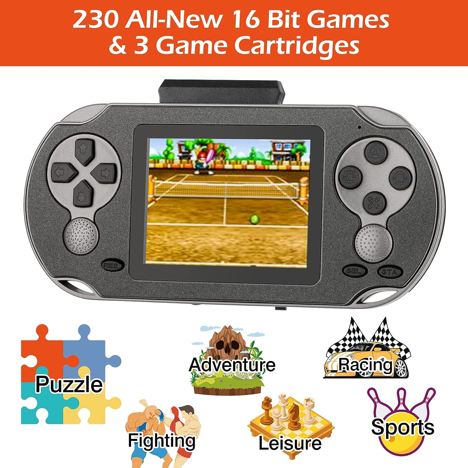 TaddToy 16 Bit Handheld Game Console for Kids Adults, 3.0'' Large Screen Preloaded 230 HD Classic Retro Video Games with USB Rechargeable Battery & 3 Game Cartridges for Birthday Gift for Kids 4-12