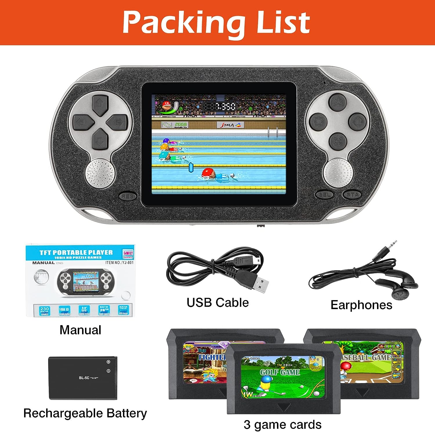 TaddToy 16 Bit Handheld Game Console for Kids Adults, 3.0'' Large Screen Preloaded 230 HD Classic Retro Video Games with USB Rechargeable Battery & 3 Game Cartridges for Birthday Gift for Kids 4-12