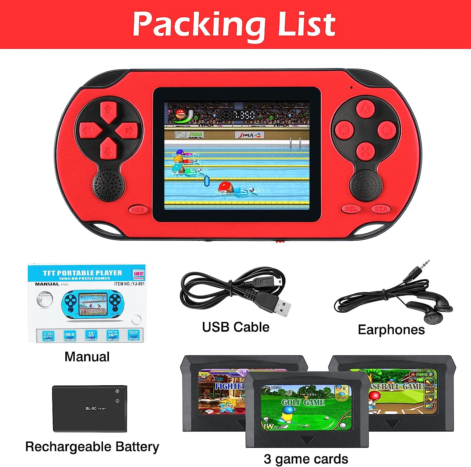 TaddToy 16 Bit Handheld Game Console for Kids Adults, 3.0'' Large Screen Preloaded 230 HD Classic Retro Video Games with USB Rechargeable Battery & 3 Game Cartridges for Birthday Gift for Kids 4-12