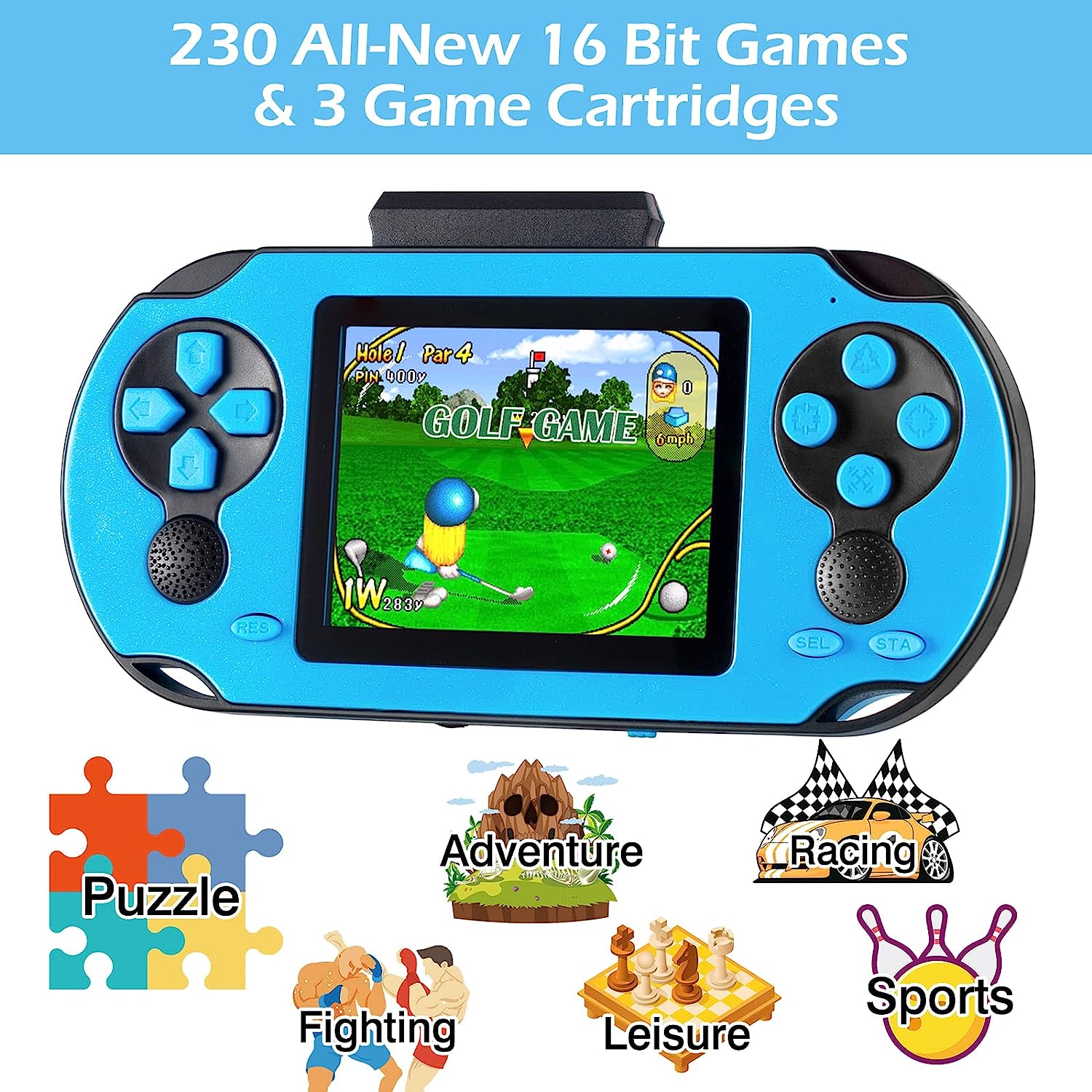 TaddToy 16 Bit Handheld Game Console for Kids Adults, 3.0'' Large Screen Preloaded 230 HD Classic Retro Video Games with USB Rechargeable Battery & 3 Game Cartridges for Birthday Gift for Kids 4-12