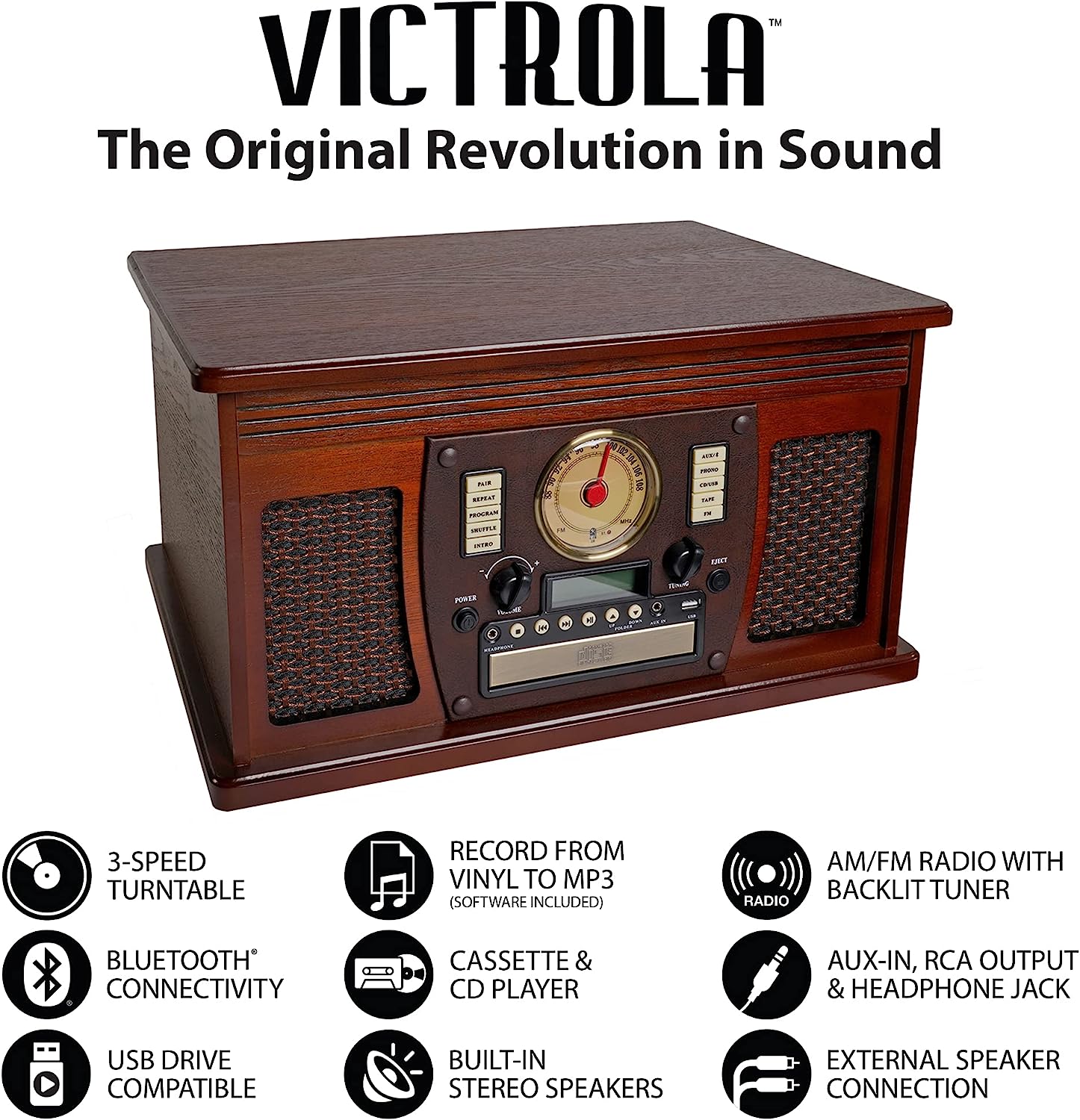 Victrola 8-in-1 Bluetooth Report Player & Multimedia Center, Built-in Stereo Speakers - Turntable, Wireless Music Streaming, Real Wood | Espresso