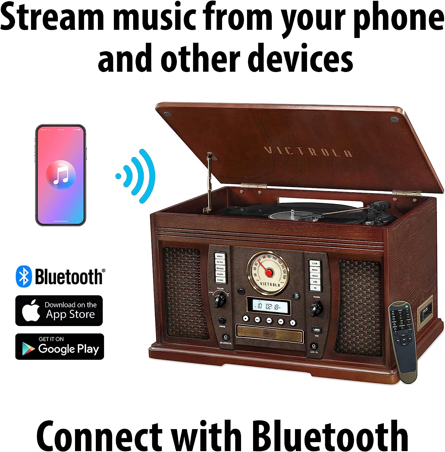 Victrola 8-in-1 Bluetooth Record Player & Multimedia Center, Built-in Stereo Speakers - Turntable, Wireless Music Streaming, Real Wood | Espresso