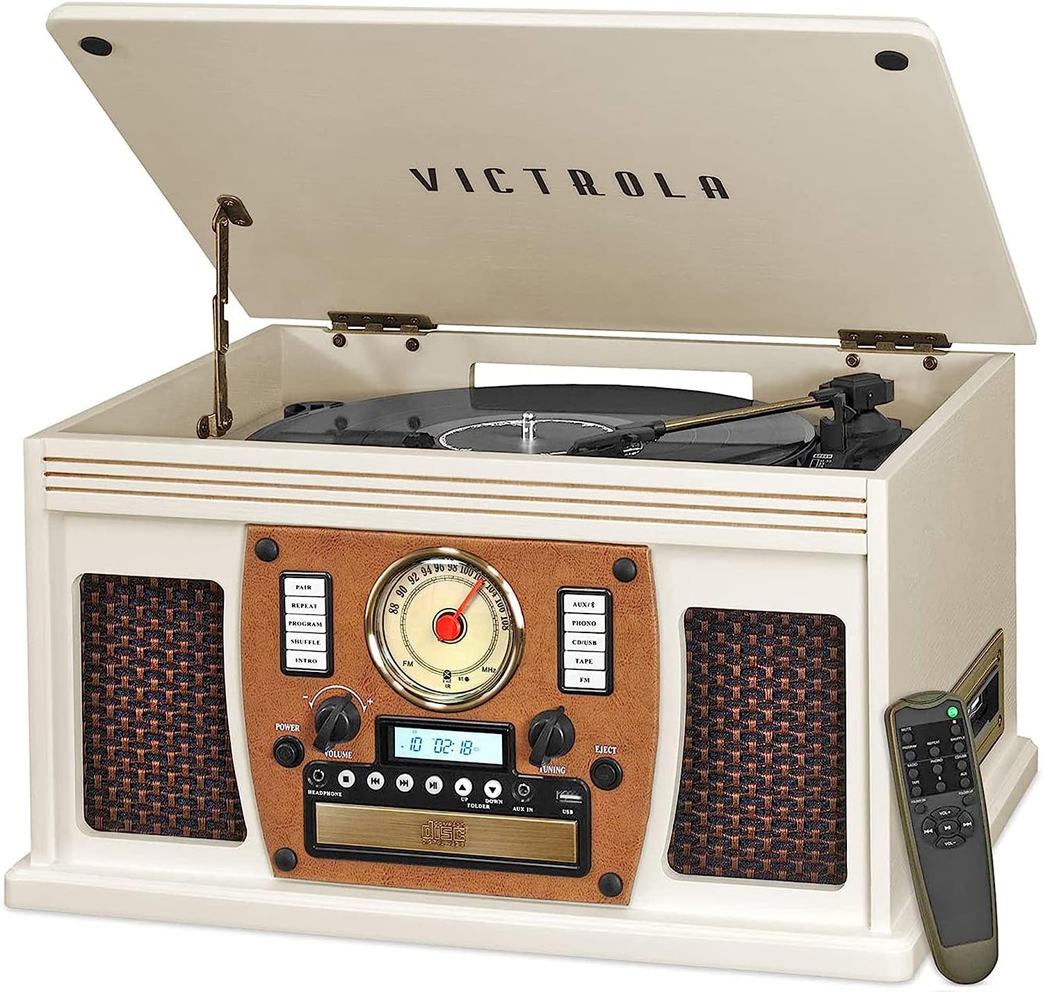 Victrola 8-in-1 Bluetooth Report Player & Multimedia Center, Built-in Stereo Speakers - Turntable, Wireless Music Streaming, Real Wood | Espresso