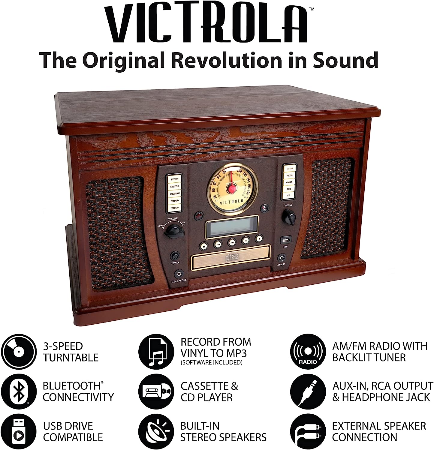 Victrola 8-in-1 Bluetooth Account Player & Multimedia Center, Built-in Stereo Speakers - Turntable, Wireless Music Streaming, Real Wood | Espresso