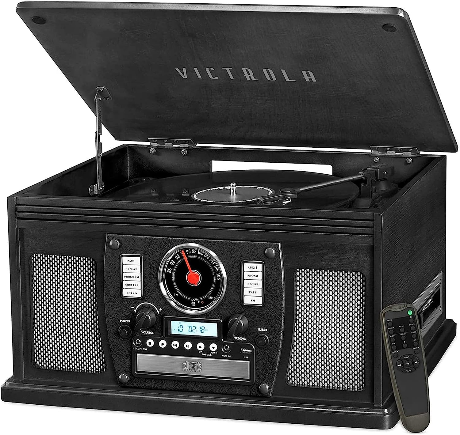 Victrola 8-in-1 Bluetooth Record Player & Multimedia Center, Built-in Stereo Speakers - Turntable, Wireless Music Streaming, Real Wood | Espresso