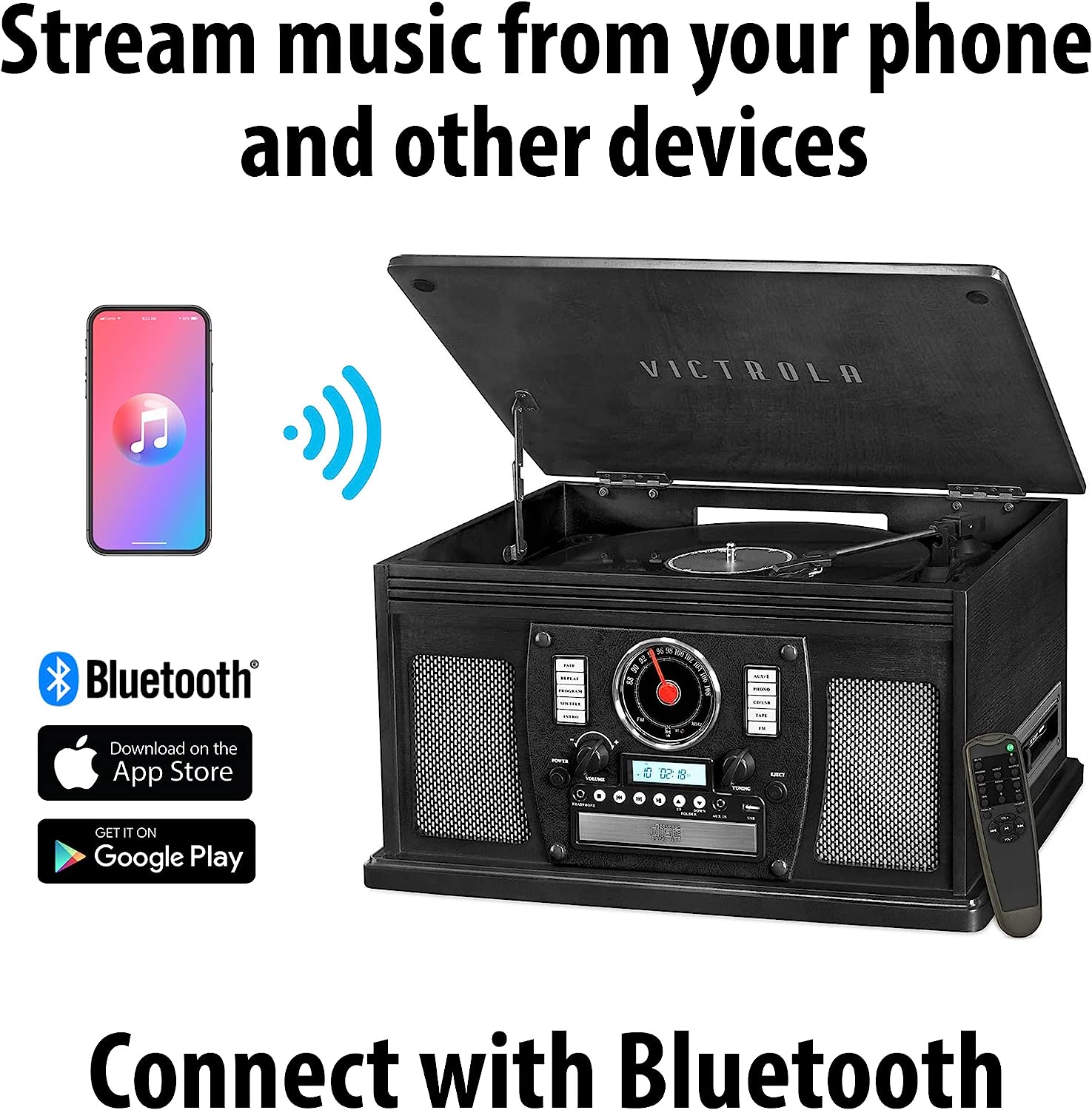 Victrola 8-in-1 Bluetooth Report Player & Multimedia Center, Built-in Stereo Speakers - Turntable, Wireless Music Streaming, Real Wood | Espresso