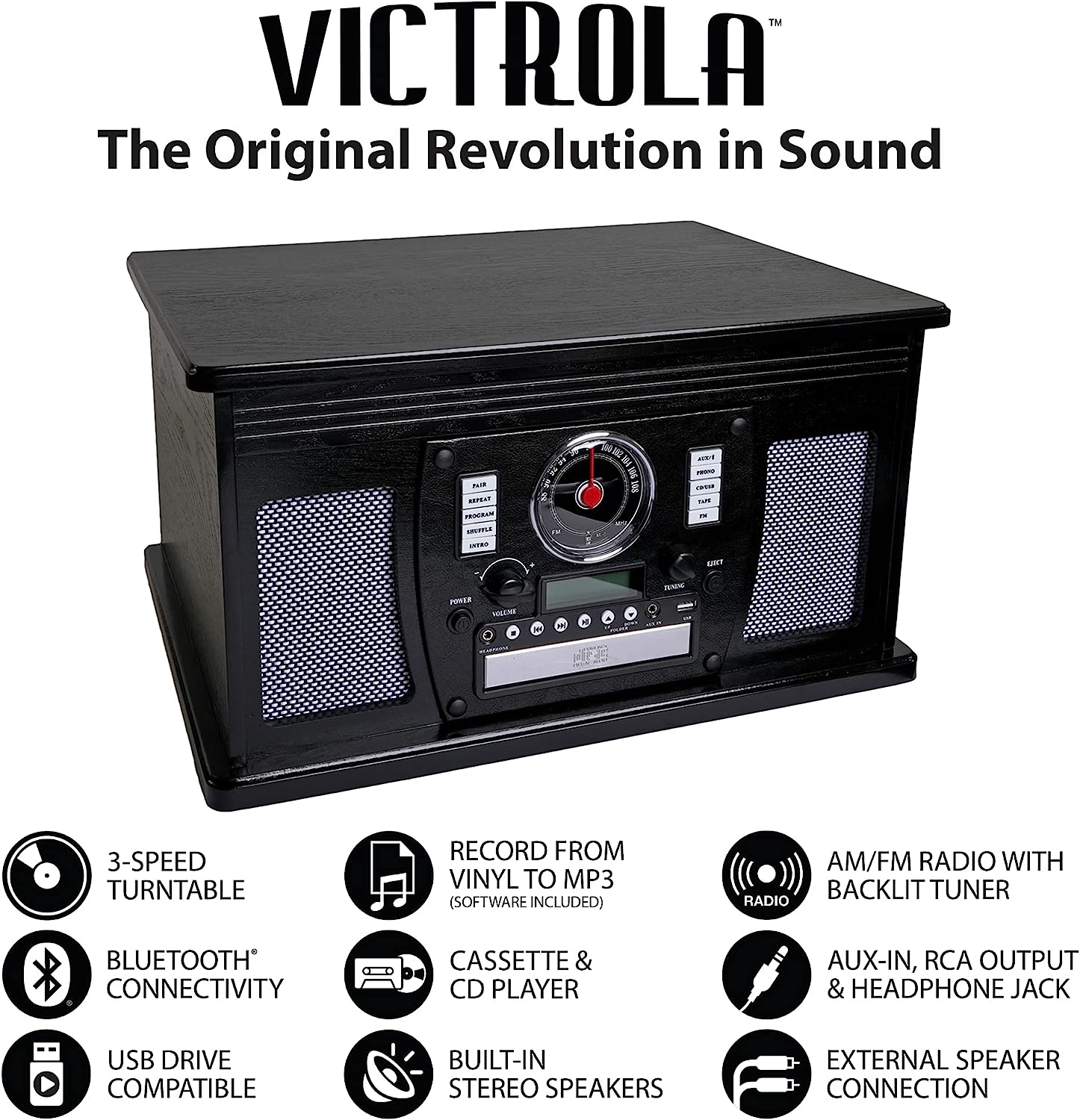 Victrola 8-in-1 Bluetooth Account Player & Multimedia Center, Built-in Stereo Speakers - Turntable, Wireless Music Streaming, Real Wood | Espresso