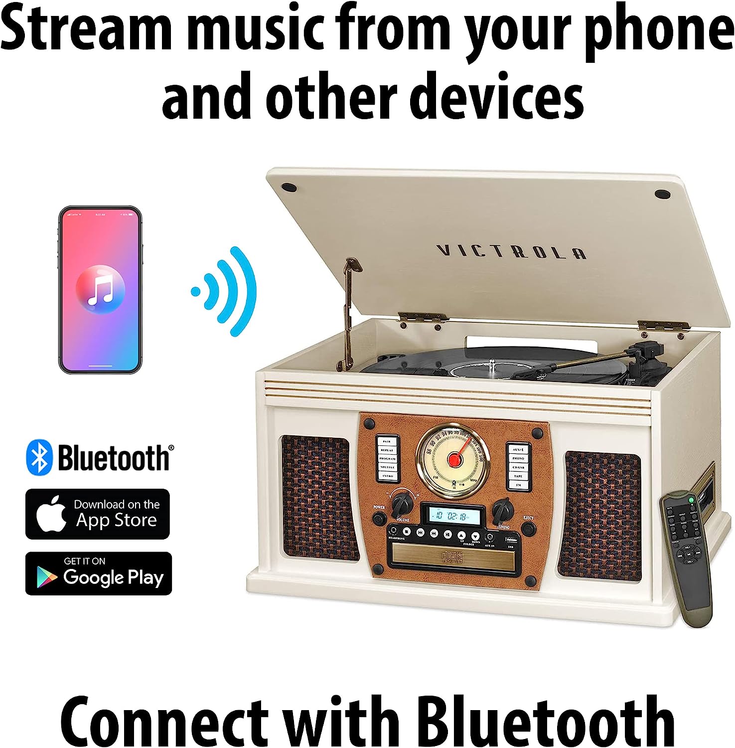 Victrola 8-in-1 Bluetooth Record Player & Multimedia Center, Built-in Stereo Speakers - Turntable, Wireless Music Streaming, Real Wood | Espresso