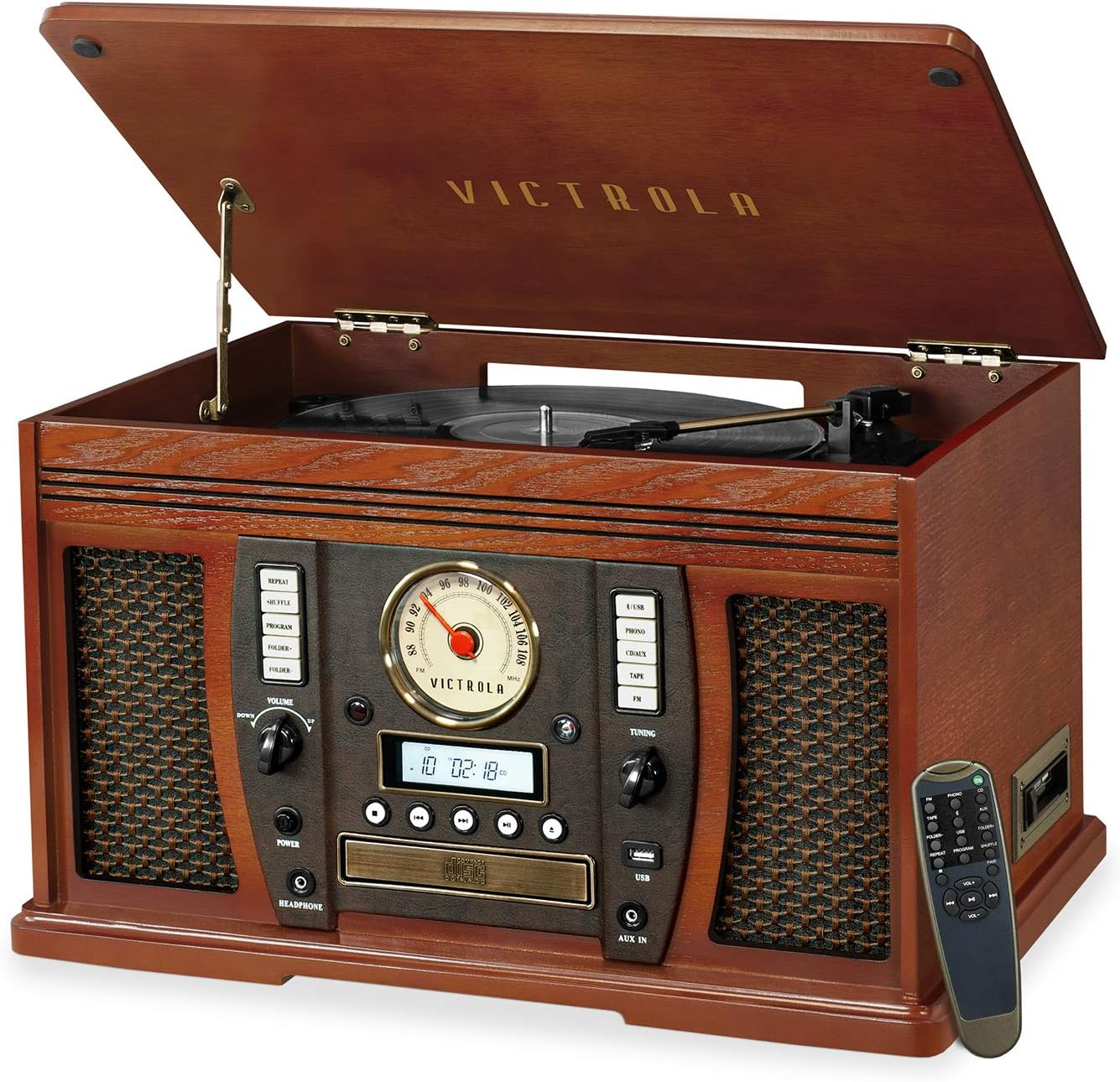 Victrola 8-in-1 Bluetooth Record Player & Multimedia Center, Built-in Stereo Speakers - Turntable, Wireless Music Streaming, Real Wood | Espresso