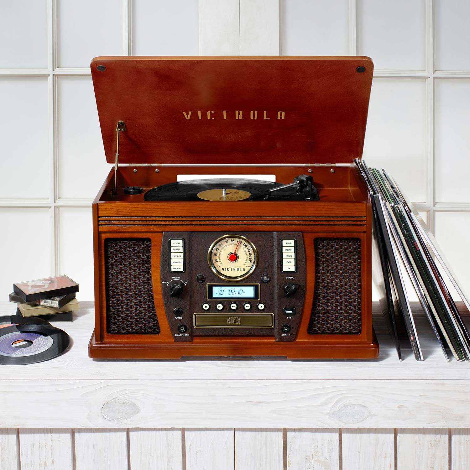 Victrola 8-in-1 Bluetooth Account Player & Multimedia Center, Built-in Stereo Speakers - Turntable, Wireless Music Streaming, Real Wood | Espresso