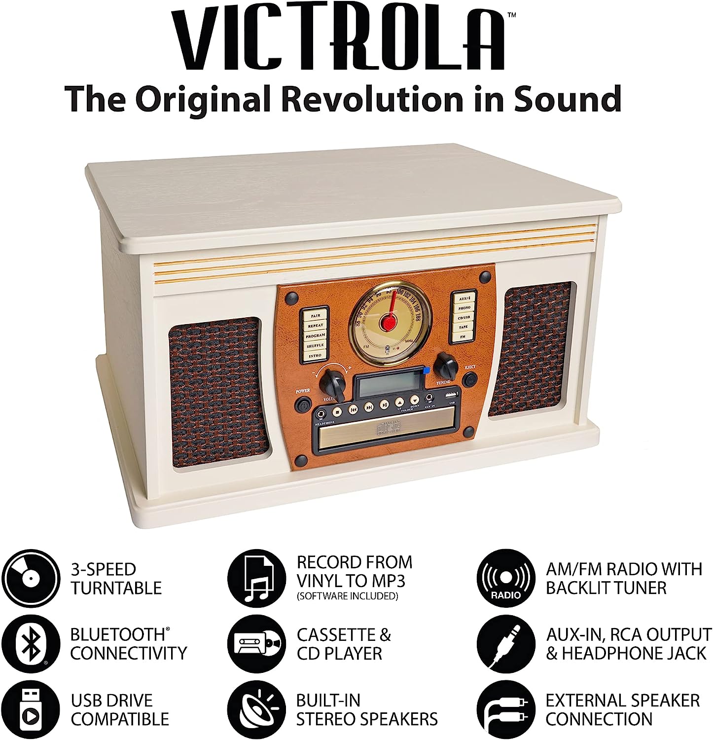 Victrola 8-in-1 Bluetooth Report Player & Multimedia Center, Built-in Stereo Speakers - Turntable, Wireless Music Streaming, Real Wood | Espresso