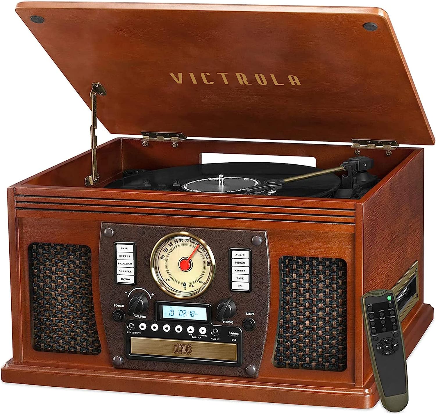 Victrola 8-in-1 Bluetooth Record Player & Multimedia Center, Built-in Stereo Speakers - Turntable, Wireless Music Streaming, Real Wood | Espresso