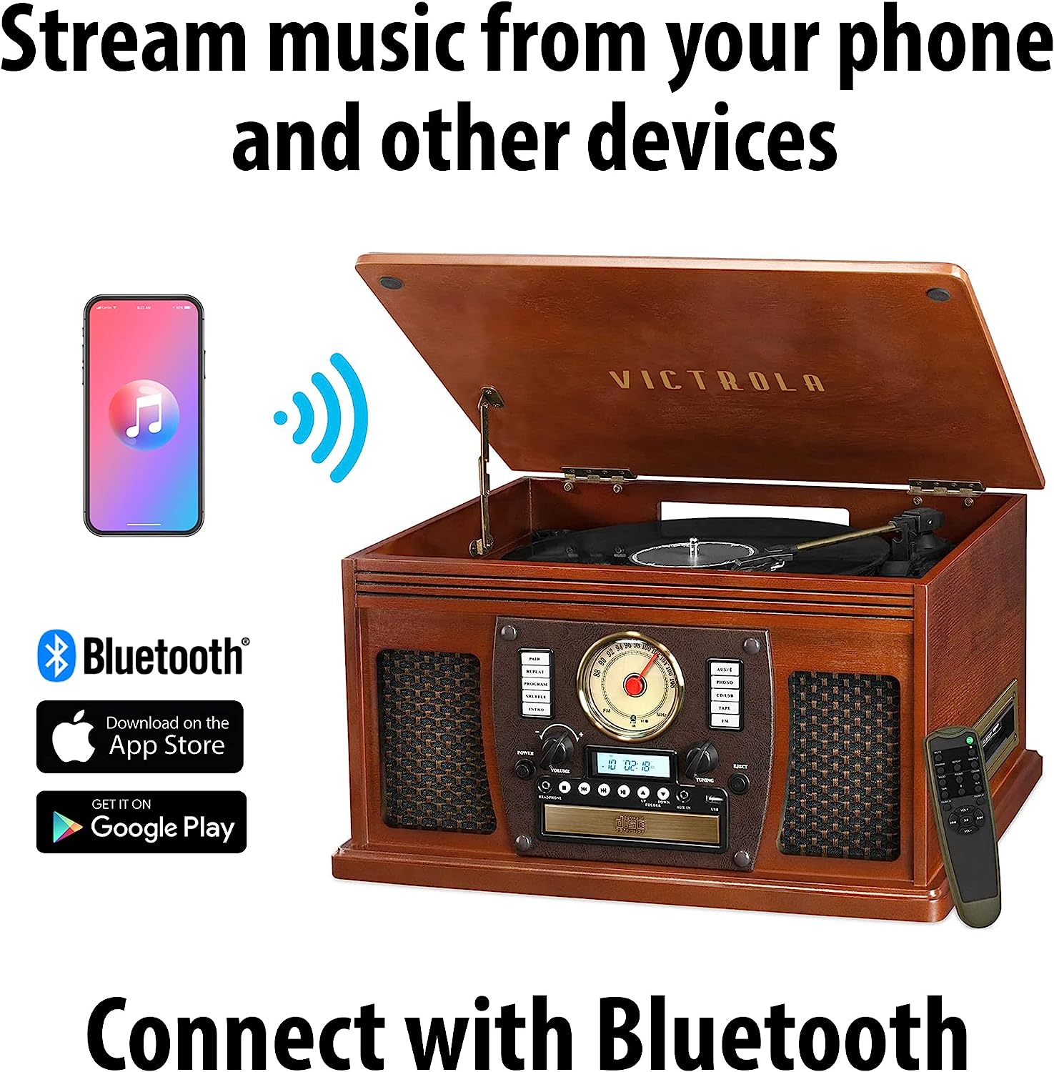 Victrola 8-in-1 Bluetooth Record Player & Multimedia Center, Built-in Stereo Speakers - Turntable, Wireless Music Streaming, Real Wood | Espresso