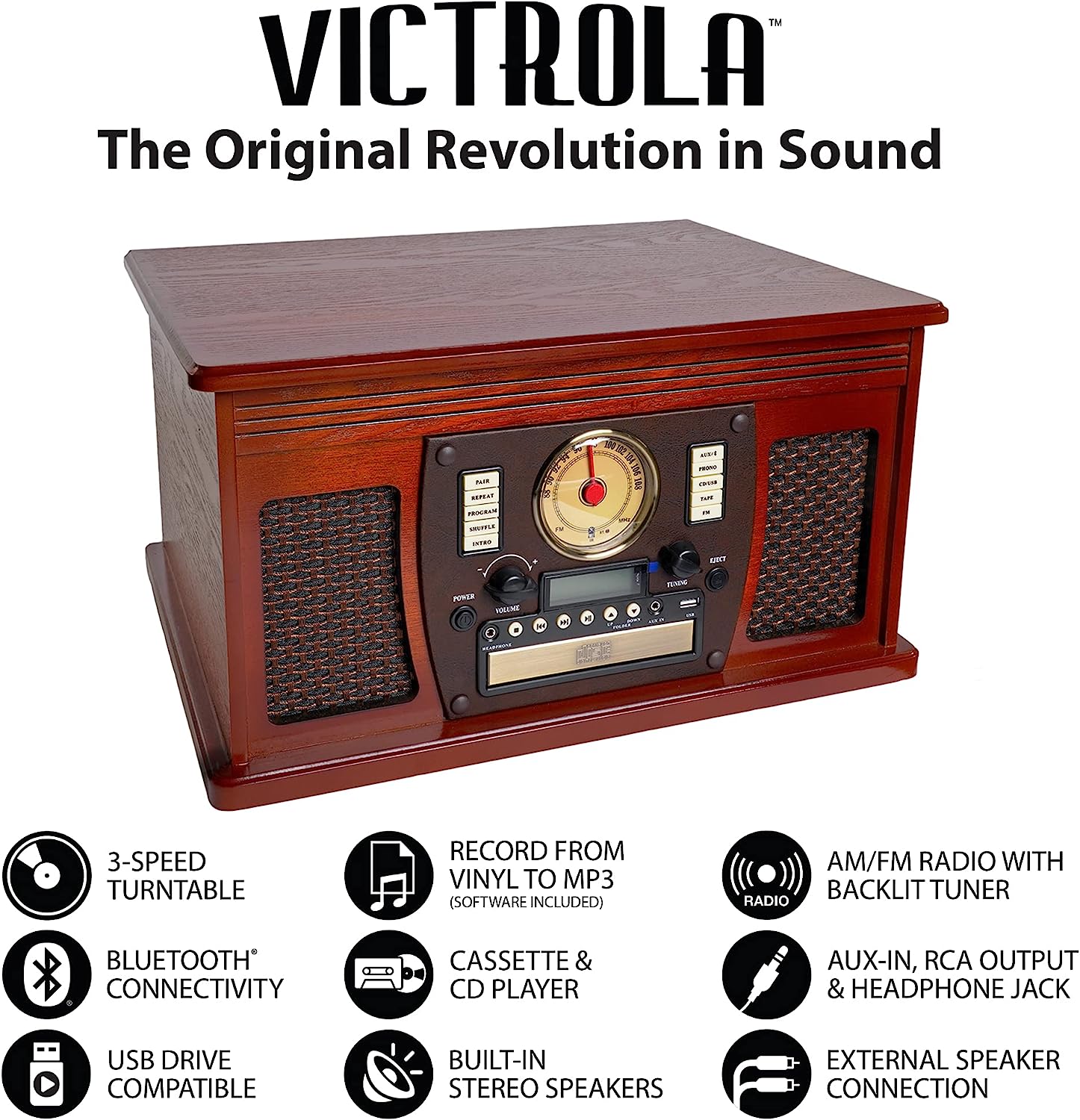 Victrola 8-in-1 Bluetooth Record Player & Multimedia Center, Built-in Stereo Speakers - Turntable, Wireless Music Streaming, Real Wood | Espresso