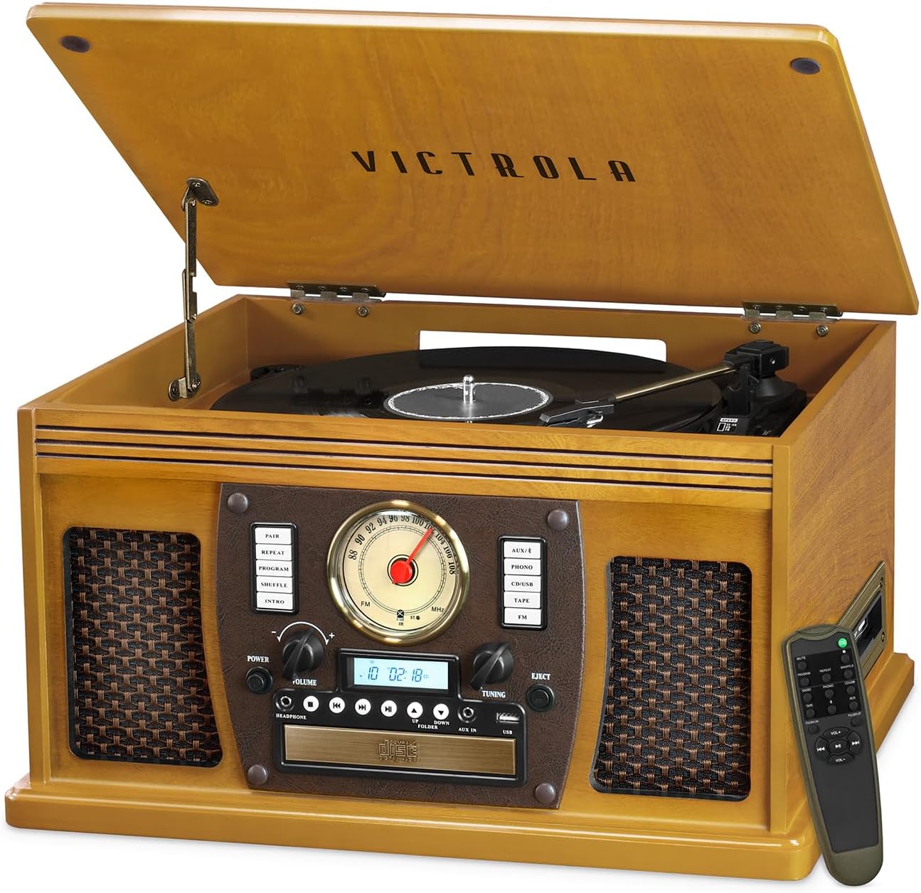 Victrola 8-in-1 Bluetooth Record Player & Multimedia Center, Built-in Stereo Speakers - Turntable, Wireless Music Streaming, Real Wood | Espresso