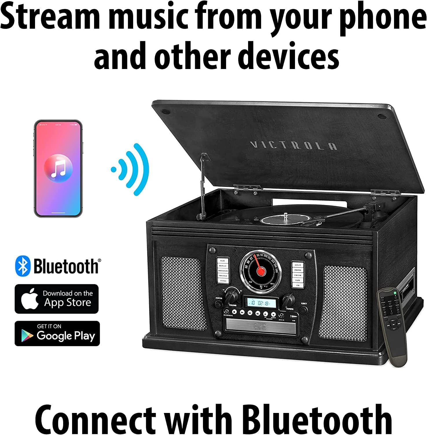 Victrola 8-in-1 Bluetooth Report Player & Multimedia Center, Built-in Stereo Speakers - Turntable, Wireless Music Streaming, Real Wood | Espresso