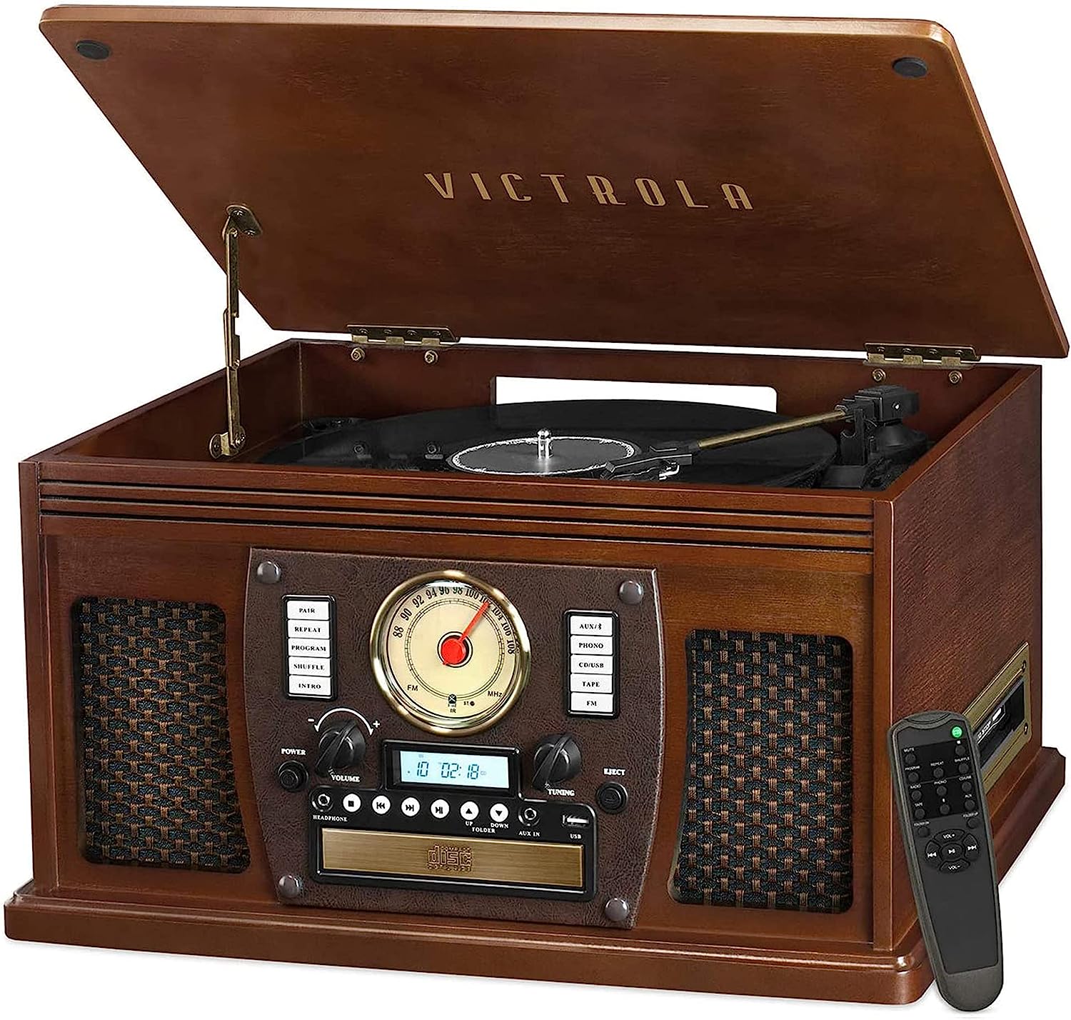 Victrola 8-in-1 Bluetooth Account Player & Multimedia Center, Built-in Stereo Speakers - Turntable, Wireless Music Streaming, Real Wood | Espresso