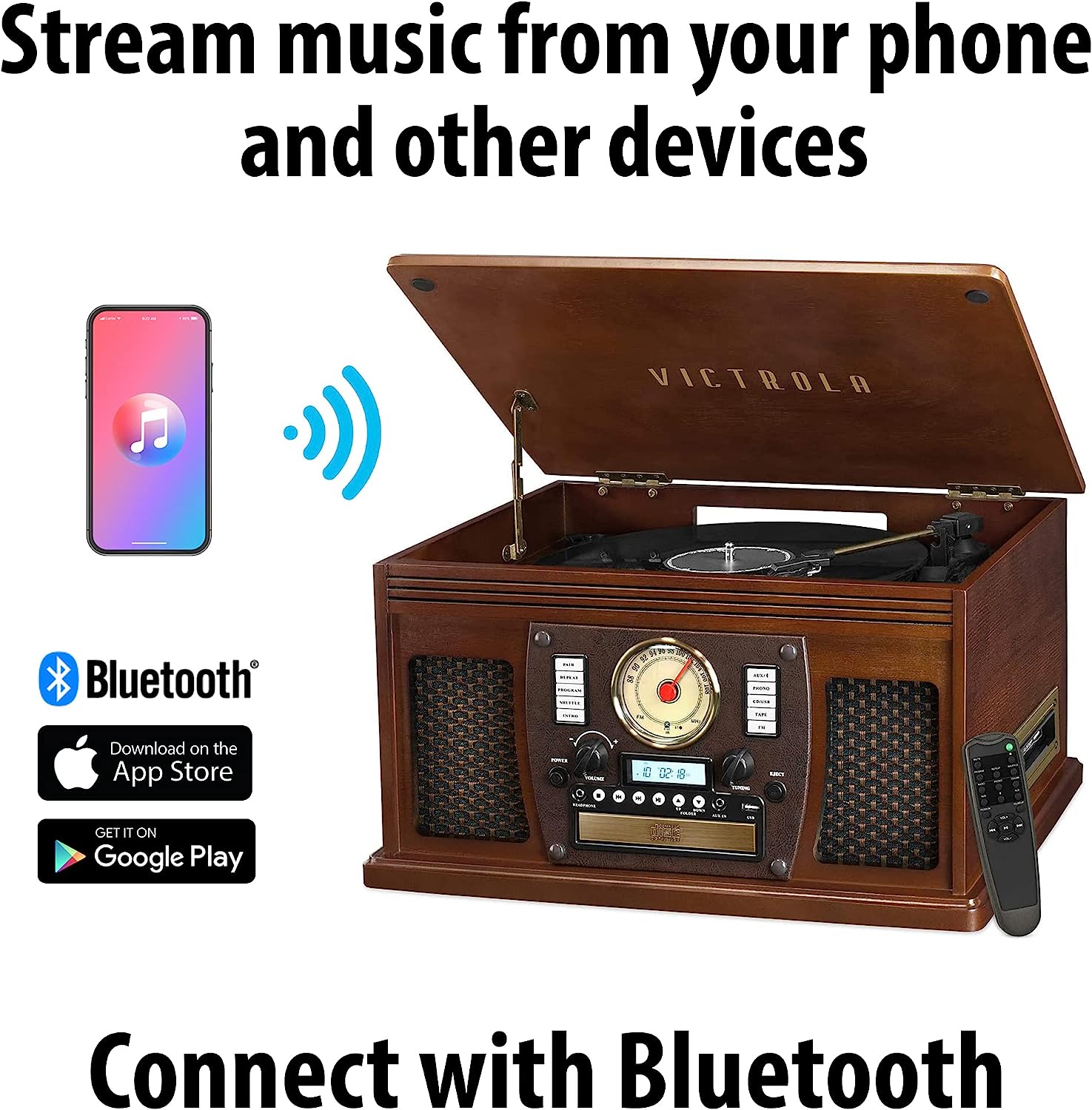 Victrola 8-in-1 Bluetooth Report Player & Multimedia Center, Built-in Stereo Speakers - Turntable, Wireless Music Streaming, Real Wood | Espresso