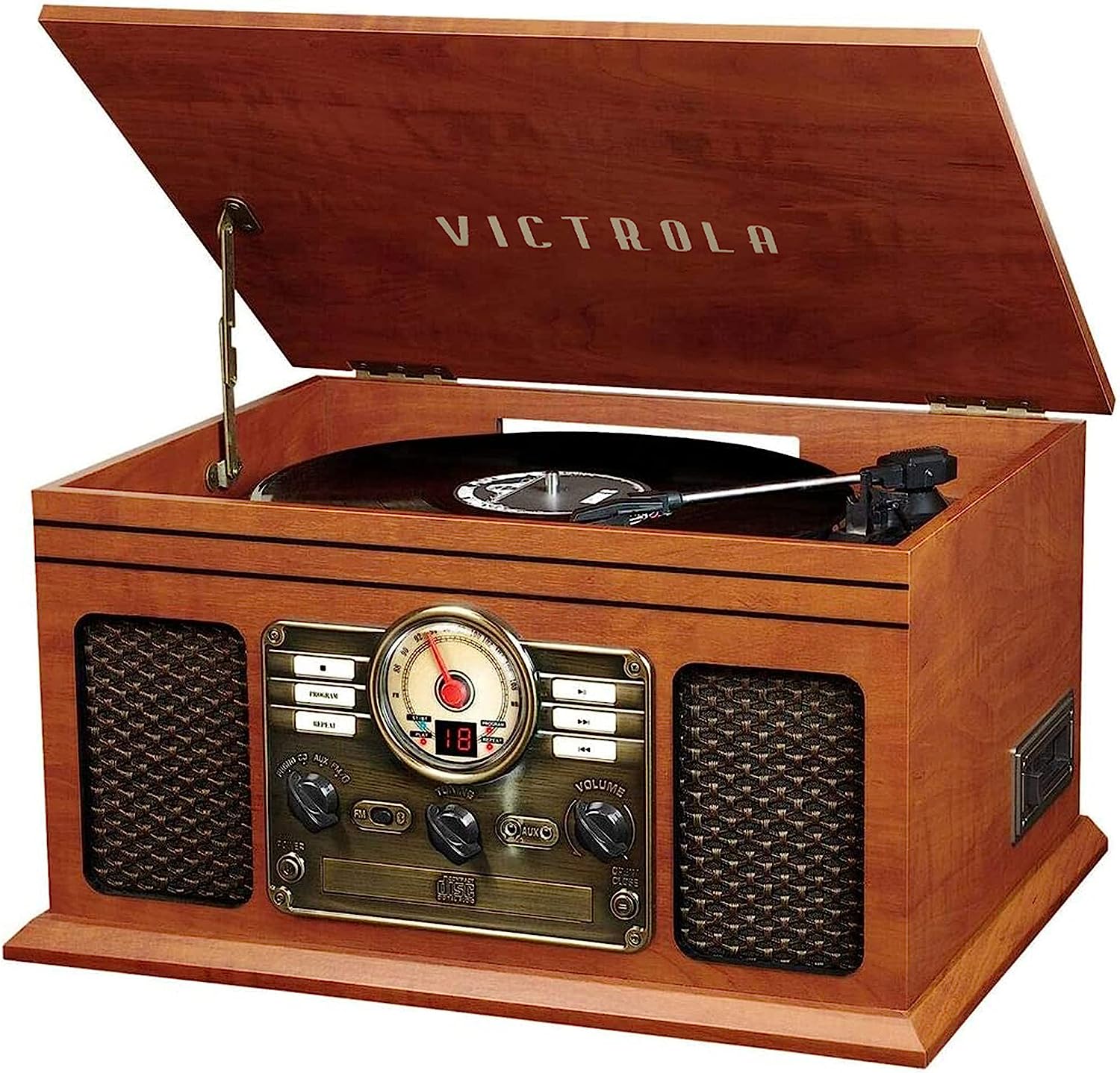 Victrola Nostalgic 6-in-1 Bluetooth Report Player & Multimedia Center with Built-in Speakers - 3-Speed Turntable, CD & Cassette Player, FM Radio | Wireless Music Streaming | Mahogany