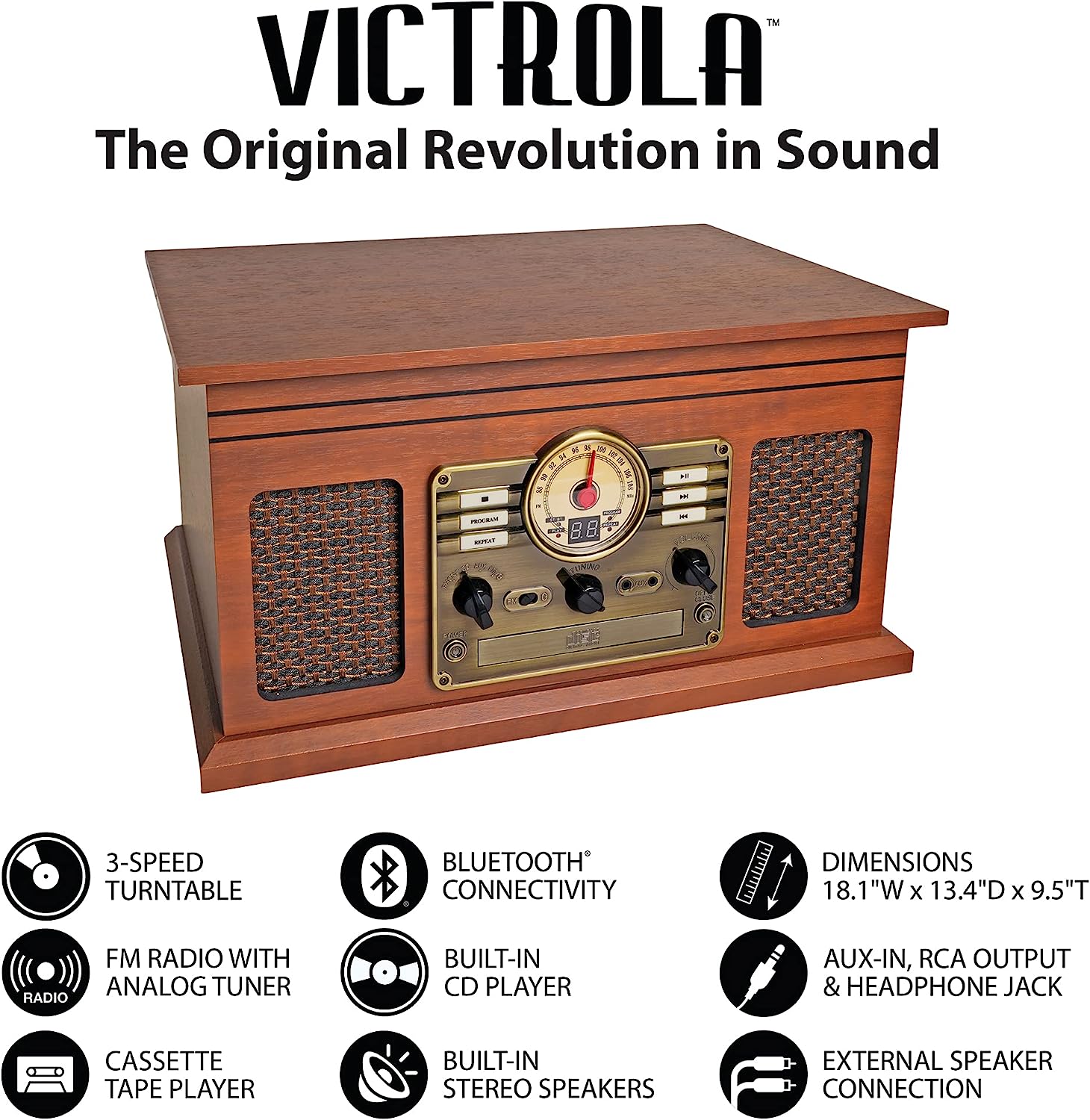 Victrola Nostalgic 6-in-1 Bluetooth Report Player & Multimedia Center with Built-in Speakers - 3-Speed Turntable, CD & Cassette Player, FM Radio | Wireless Music Streaming | Mahogany