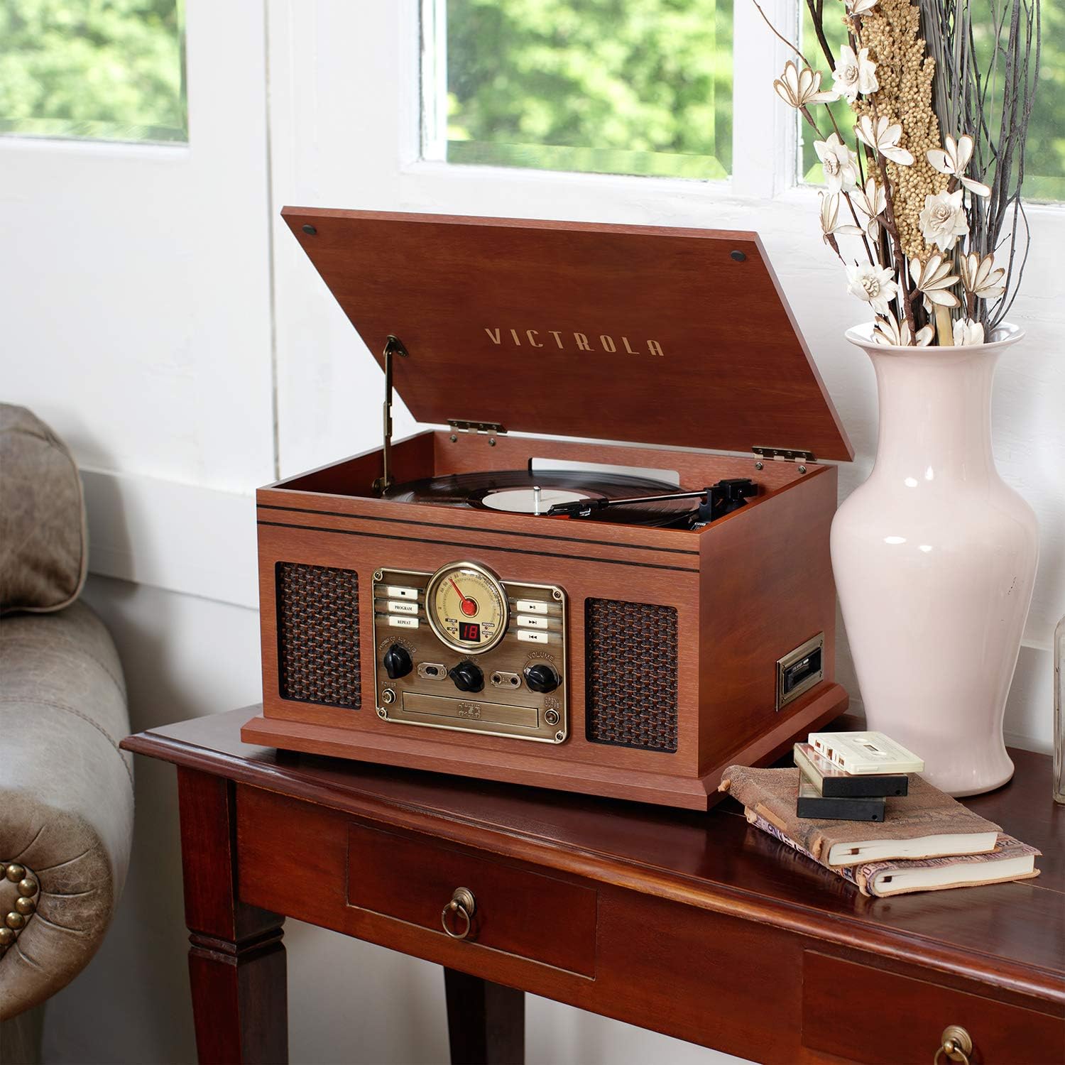 Victrola Nostalgic 6-in-1 Bluetooth Account Player & Multimedia Center with Built-in Speakers - 3-Speed Turntable, CD & Cassette Player, FM Radio | Wireless Music Streaming | Mahogany